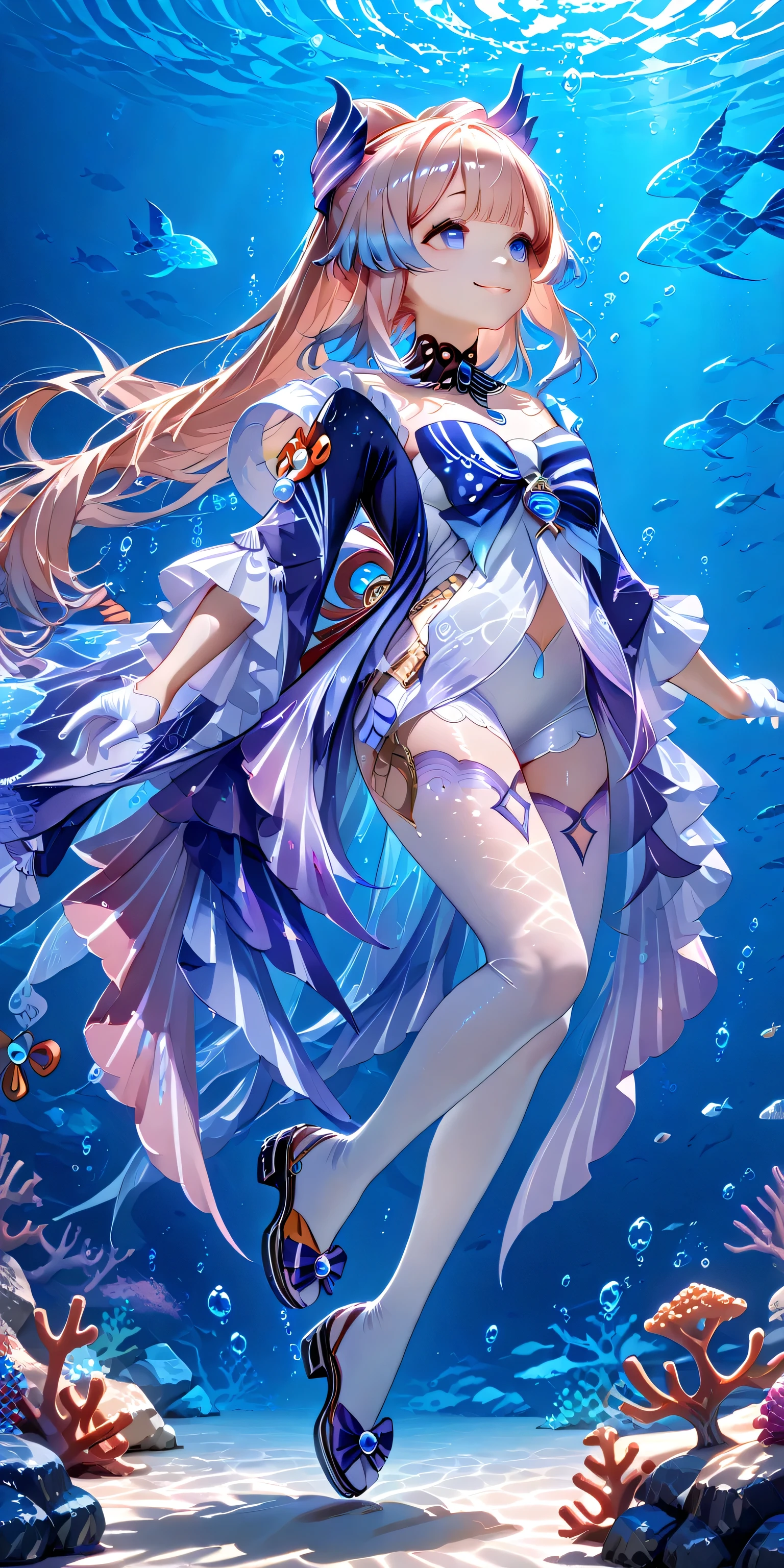 [sangonomiya_kokomi_genshin]:1.5,((masterpiece,highest quality,Detailed images,Beautiful images))1.4(kokomi images、an underwater city、Beautiful waterways、The wind is blowing、Bright lighting overall、Backlight、A fantastic atmosphere、Thick Fog、Air bubbles)1.3,(from side)1.1(Beautiful body lines、Legs wrapped in tights)
