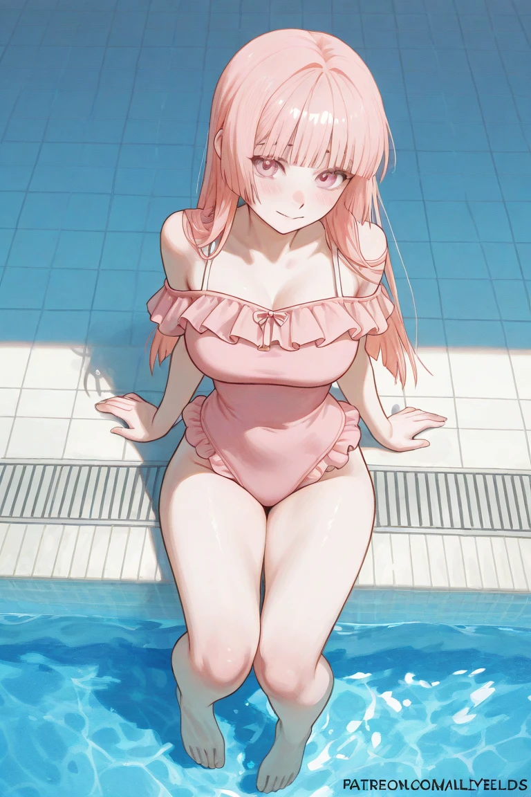 masterpiece, best quality, very aesthetic, absurdres,newest,1girl, gotoh hitori, bocchi the rock!,(scool navy swimsuit):2,school pool,outdoor,sunny day,