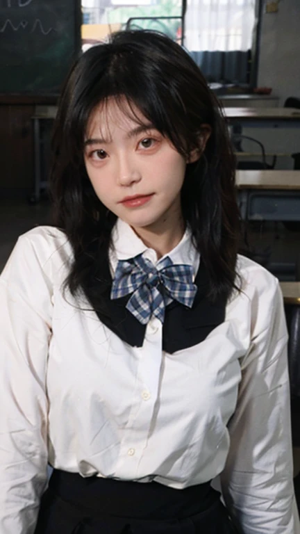 (masterpiece:1.33、32k、High resolution、Natural light color gradation、Realistic lighting、Soft Light:1.0、Ray Tracing Technology:1.22、Backlight、Fine shading、Three-dimensional effect of the face、Film Grain Effect:1.1、Fine details、natural、Delicate light and shadow、Sharp details、Highest quality realistic textures:1.22、Smooth, glowing skin、Delicately expressing pores and fine hairs:1.33)、A natural pale pink complexion on the cheeks、Black straight hair、Shoulder length、Bangs reach the eyebrows、Each and every hair is drawn in detail、Has a natural shine、Shines where light hits、Big brown eyes、The iris pattern is depicted in detail.、The pupil is clearly visible in the center、The light from the window reflects in your eyes、The reflection of light gives the eyes a little sparkle、Thin blood vessels are visible in the whites of the eyes around the pupils.、Adding Realism、Each long eyelash is carefully drawn.、Naturally shaped eyebrows、The flow of hair is clearly visible、With a bright smile、I can see my pure white teeth、Lips are naturally pink、Realistic expression of texture and gloss、There is a slight shadow on the edge of the lips、It has a three-dimensional effect、Subtle light reflections are drawn on the surface of the teeth.、Gums are a healthy pink color、Smooth jaw and beautiful face line、There is a slight shadow under the chin、The boundary with the neck is drawn naturally.、The fine muscle lines are visible on the neck.、Healthy impression、White blouse and navy blue sailor suit、The uniform has a neatly tied red ribbon on the collar.、The texture and wrinkles of the clothing fibers are depicted in detail. Gorgeous lipstick, lipsicle pink