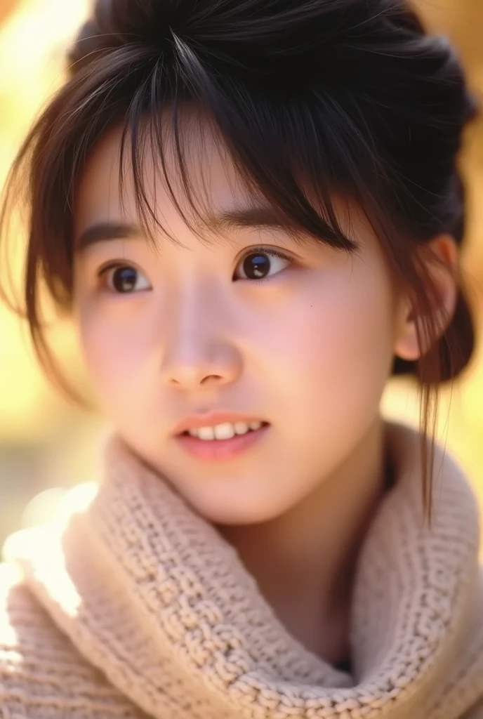 Nice smile looking at this、sixteen years old、Under the Autumn Sky、Hiking figure、(daydream), 1girl in, 1 picture, Solo Images, Kim Yoo-jung, (Quite a young face (Russian)), Focus Brave Chest, (Insult Strip Color Hair), (Lace dress), (Highly realistic detail face in 8k HD:1.5 (Soft Scene, Very low lightning), Detailed beautiful reflexed pupils, masutepiece:1.3, 超A high resolution:1.2, Dynamic lighting)