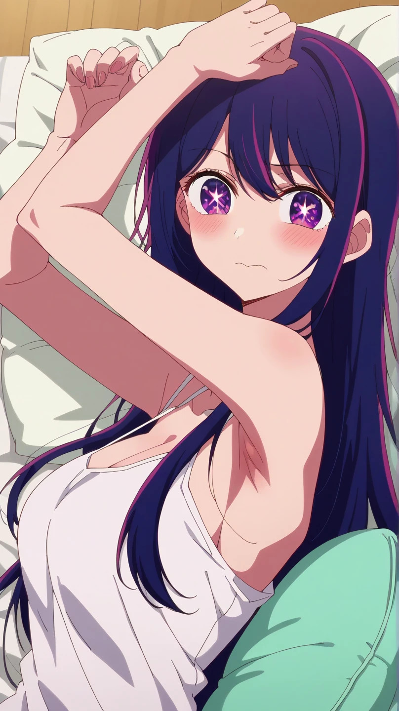 Anime girl with long hair and purple eyes, a picture inspired by Puru, Tumbler, conceptual art, Anime Best Girl, anime moe art style, クローズアップiwakura lain, Anime visuals of cute girls, Anime girl named Lucy, iwakura lain, Still from TV anime, anime still image, (Anime Girl)、(((barechested)))、A smile、Open your mouth、Ai Hoshino、(((a bed)))、(((fullnude)))、Colossal tits、(((anime styled)))、(((2D)))、erotic-expression