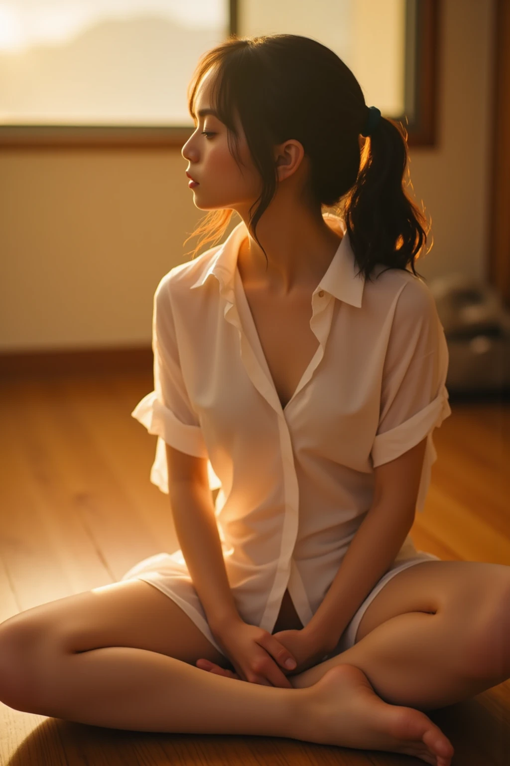 (best quality, masterpiece, high resolution:1.1),Use natural light and color, hyper detail clothes, high detailed anime image, cinematic light, 1 female , (silhouette of body:1.4),(transparent shirt:1.1), against light, erect nipples ,side view