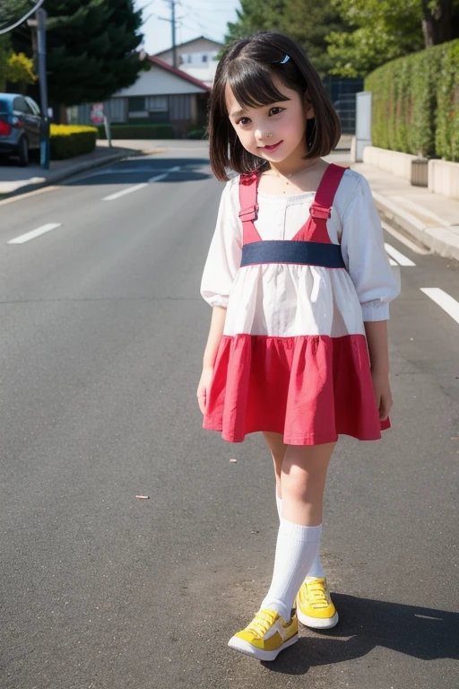 Highest quality, outstanding detail, super high resolution, realistic film, cute 5-year-old girl, double bun on her head, short red skirt, small socks, small shoes, --auto --s2