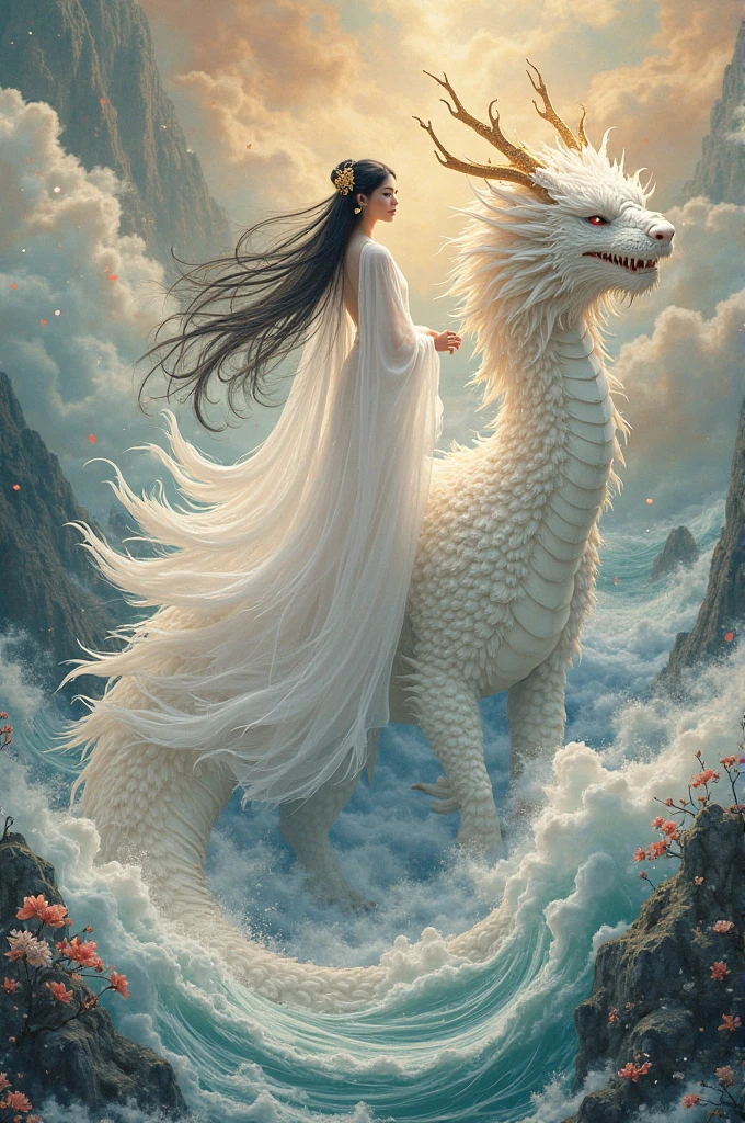 In a captivating image, an elegant woman clad in a white Chinese gown glides through the sky atop a mythical Chinese dragon. As they traverse the heavens, her flowing gown and the dragon's iridescent scales create a mesmerizing vision of harmony and otherworldly beauty. 
hdr, (photorealism, masterpiece quality, best quality), , pureerosface_v1,ulzzang-6500-v1.1,