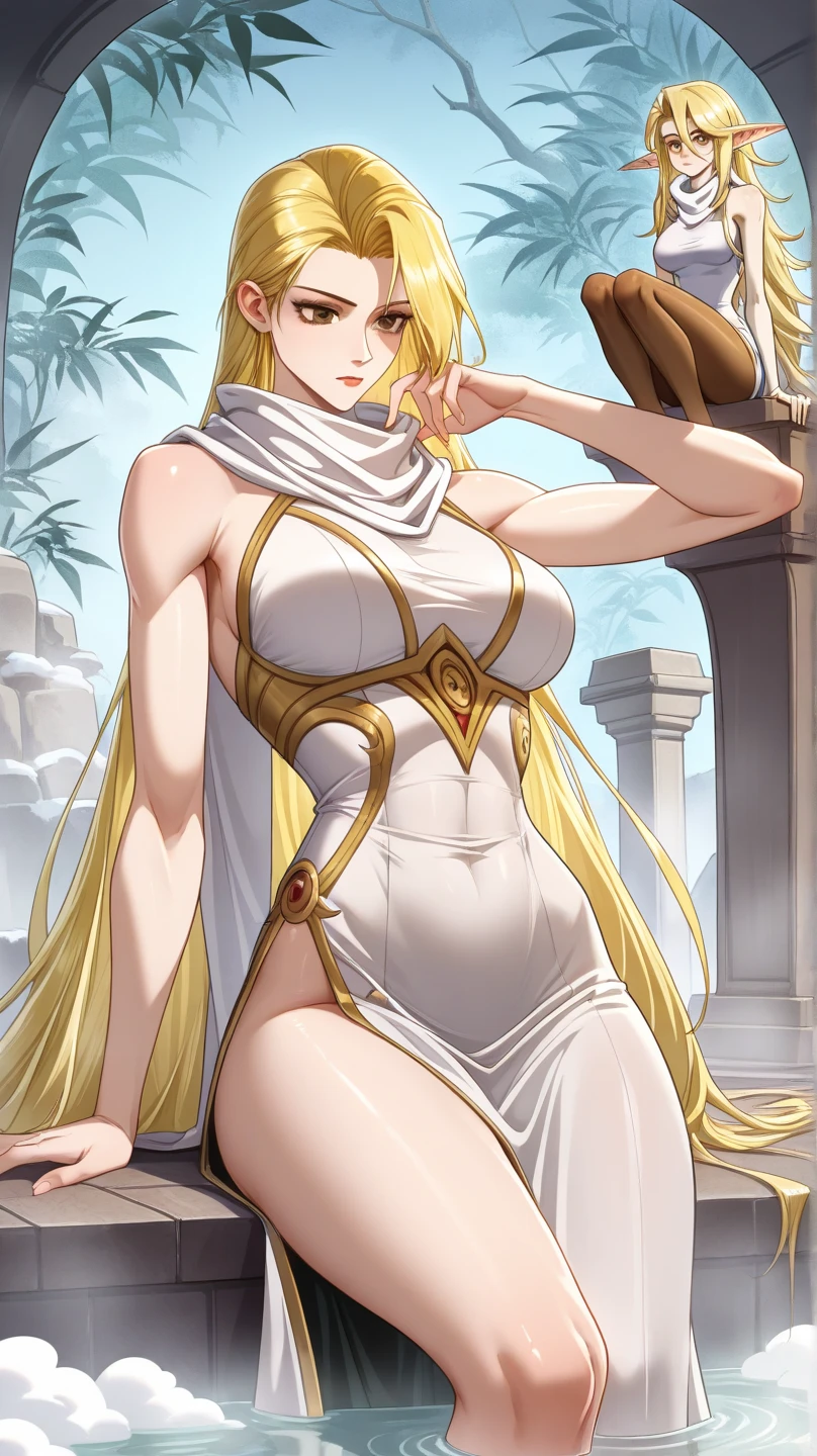 I would like an image of a white elf woman, Madura, voluptuous and curvy, with blonde hair and green eyes. must be full body, wearing a nearly transparent white dress in anime style.
