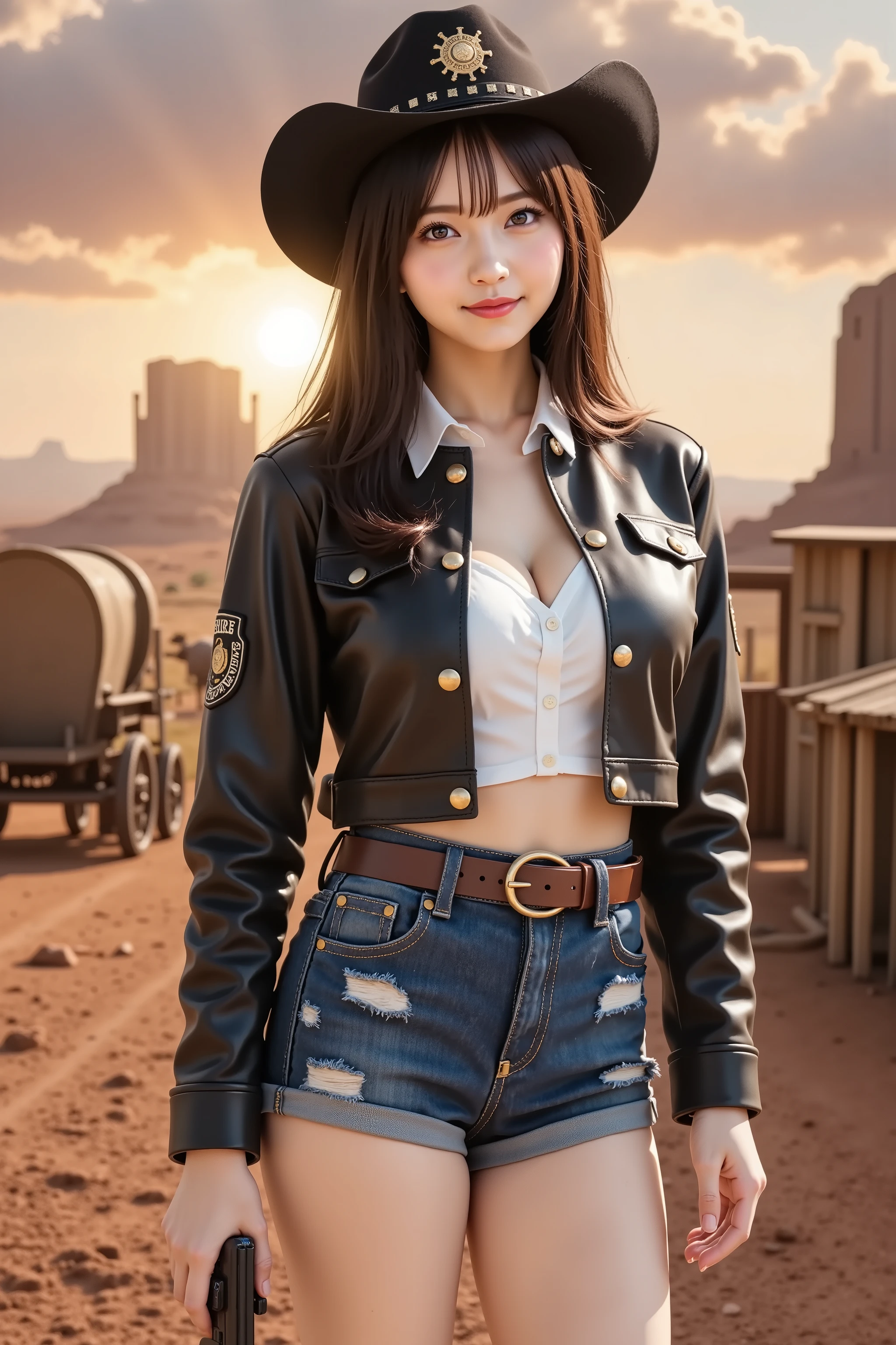 misaki, firm breasts, ultra-detailed 8K CG illustration of a western desert scene at sunset featuring a law enforcement uniform with a cowboy influence. The outfit includes a fitted black leather jacket with brass buttons and embroidered police insignias on both sleeves and chest, tailored to follow the contours of the torso while reflecting light across the smooth surface of the material. The jacket is slightly cropped to reveal a toned midriff, and underneath it, a crisp white button-up shirt is visible at the collar. The waist is accented by a thick brown leather belt with a large circular brass buckle, cinching a pair of high-waisted, distressed denim shorts with rolled cuffs. The shorts have visible stitching and texture that replicate authentic worn fabric. One hand holds a sleek black handgun in a firm but calm grip, with relaxed posture suggesting readiness without aggression. The look is completed with a wide-brimmed black sheriff hat featuring a gold badge at the center of the crown, casting a soft shadow over the upper face. The background captures a vast open desert at golden hour, with towering red rock formations reminiscent of Monument Valley under a sky streaked with vivid oranges, pinks, and purples. The horizon is lit by the setting sun, positioned low and glowing brightly between the rocks, casting long dramatic shadows across the dusty ground. A small western town is visible in the mid-distance, with low adobe buildings and wooden fencing. Several cows graze near the town, and a traditional wooden wagon stands nearby, partially in frame with large wheels and a weathered finish. Light hits the scene from the side, highlighting the textures of leather, denim, metal, and wood, while dust in the air is gently illuminated by the sun. The overall style emphasizes realism and texture with a cinematic flair, using strong directional lighting, detailed material rendering, and an atmosphere that captures the harsh but beautiful spirit of the American front