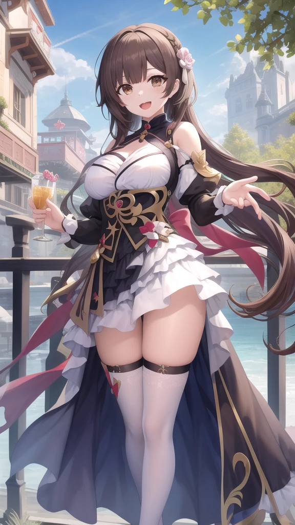 ((masterpiece:1.5)),((Finest quality)),(Ultra-high precision),8k picture, Top quality anime, Highest level of resolution, sharpnes, cape coat, One piece with frills, black tights,　cheerful, sunshine, autumn, outdoor, long hair, hair ornament,