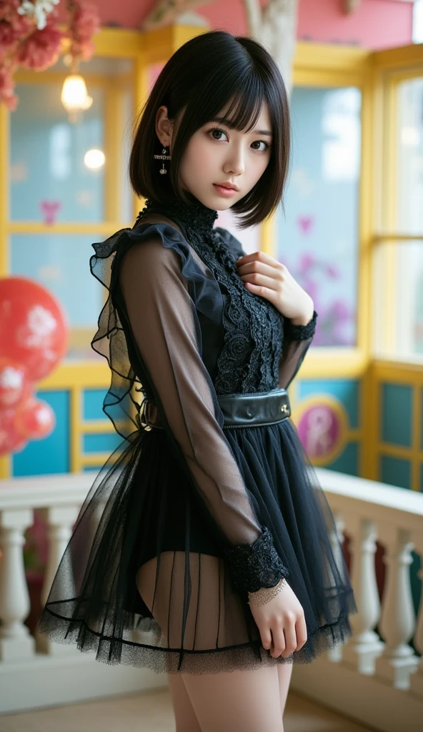 sexy stylish Swedish model, only 1 female, ((doll-like appearance)), very short stylish hair, ((shiny Aquors Love-Style boots)), (big smile), ultra detailed eyes,beautiful vivid eye makeup, lip-gloss, long lashes, defined eyebrows, ((sexy Aquors Love cosplay)), bell-shaped skirt, petticoats, ((ultra detailed lace)), ((ultra detailed embroidery)), intricate details, Aquors Love accessoires, Aquors Love choker, cinematic light, detailed large park background with trees