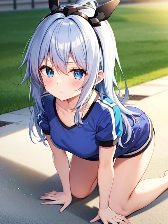 ((One girl)), masterpiece,Highest quality,High resolution、17 years old、cute、Sweat、Gym suit、Round Neck Shirt、No sleeve、Tight fit、Sportswear、smile、Small breasts、Outdoor、Blue Hair