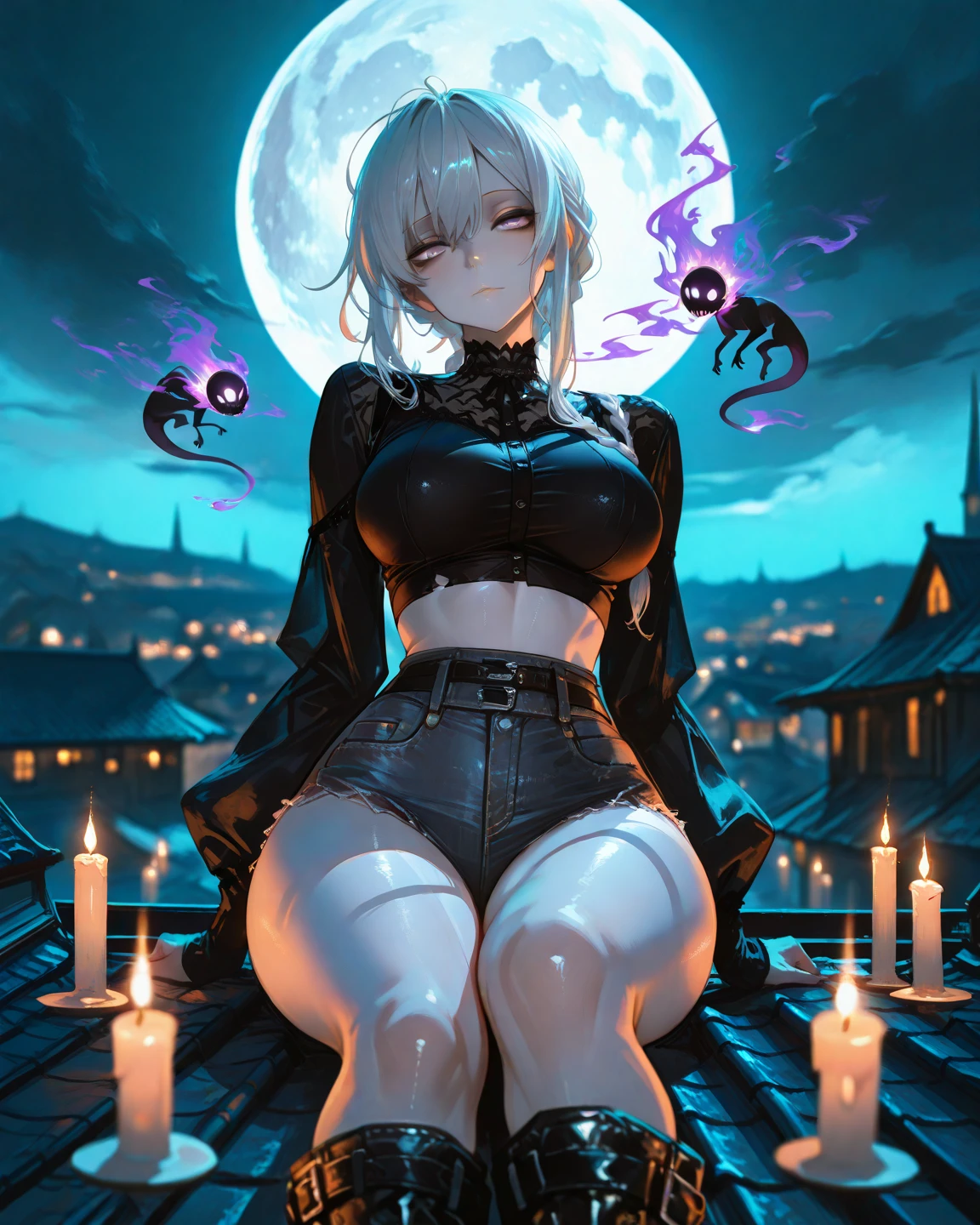 top-quality、Top image quality、in 8K,4K,masterpiece、(NSFW:1.3)、ultra-detailliert、Beautiful、ultra-quality、adult-like、Cool、girl with(((18year old、Halloween Style:1.5、Wolf Maiden:1.2、tail、discreet breasts、silber hair、a short bob、Red Eyes、Lustrous skin、erotick:1.4、Happiness、The tattoo)))、place々torn:1.4、posterior view:1.4、s ass、hiquality、visualart、Background with((nightcity:1.2))、masutepiece