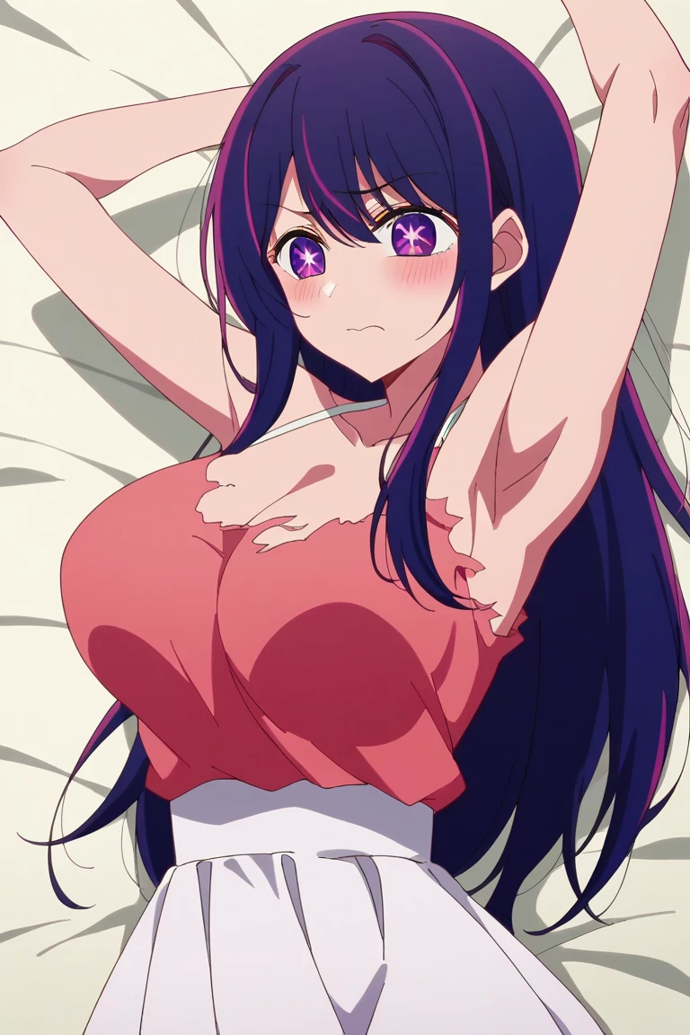 (Incredibly ridiculous absolute resolution:1.5)、(supreme: 1.5)、(top-quality: 1.5)、hight resolution、Ai Hoshino、Purple hair、delicate naked girl、sexual act、ssex、insertion、tits out、cunt、vaginal、Female genitals、blushed face、Iki face、Normal bit、M-shaped legs、Spread your legs wide、Beautiful breasts、huge tit、teats、barechested、nudde、Fluid gushes from the female genitals、Squirting、The whole body is wet with sweat、Hands behind the head、bedroom、on the beds、Grabbing the sheets、Male genitals can be inserted into female genitals