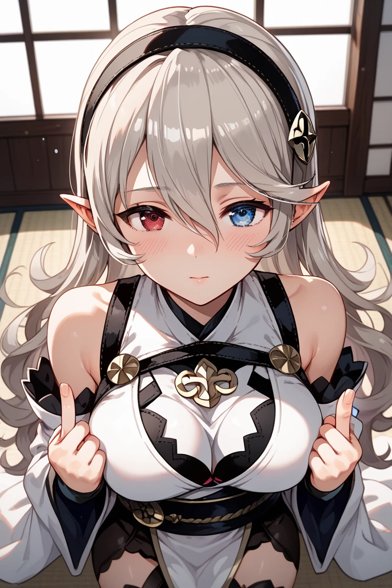 stylized manga character, adult wizard elf, , (white colored eyebrows are very short, drooping eyes, realistic skin, sleepy)), ((long and very thick twin-tail silver hair)), wizard's cane, buttoned white simple long coat has yellow-trim, ((thin body)),
