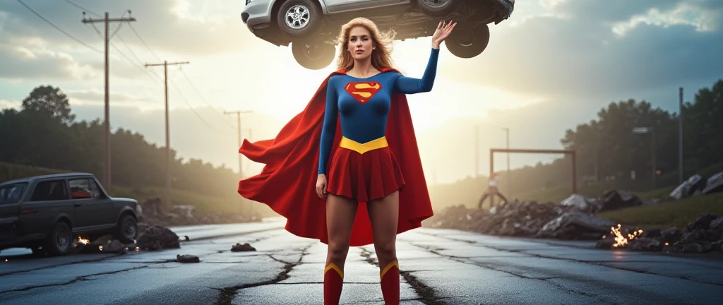 Super Melissa McCarthy(big fat woman; powerful; trusting; higher) 2007 (((Woman defined body strong and firm large breasts; Supergirl 1984s costume dress))) as Supergirl(((Filme da Supergirl de 2007 de Melissa McCarthy))); floating in mid - air.