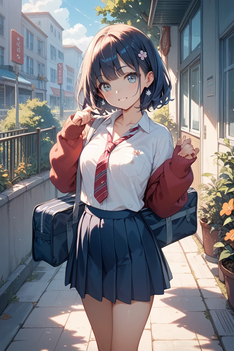 solo, girl, japanese highschool girl, high school uniform, checked skirt, proudly, beautiful sky, detailed clouds, warm lighting, short hair, shiny hair, light smile, dark eyes, detailed beautiful face and eyes, cinematic lighting, jpeg artifacts, Eye-Level Shot, drop shadow, depth of field, tachi-e, Ghibli-like colours, masterpiece, retina, accurate, best quality, highres, 8K, super detailed