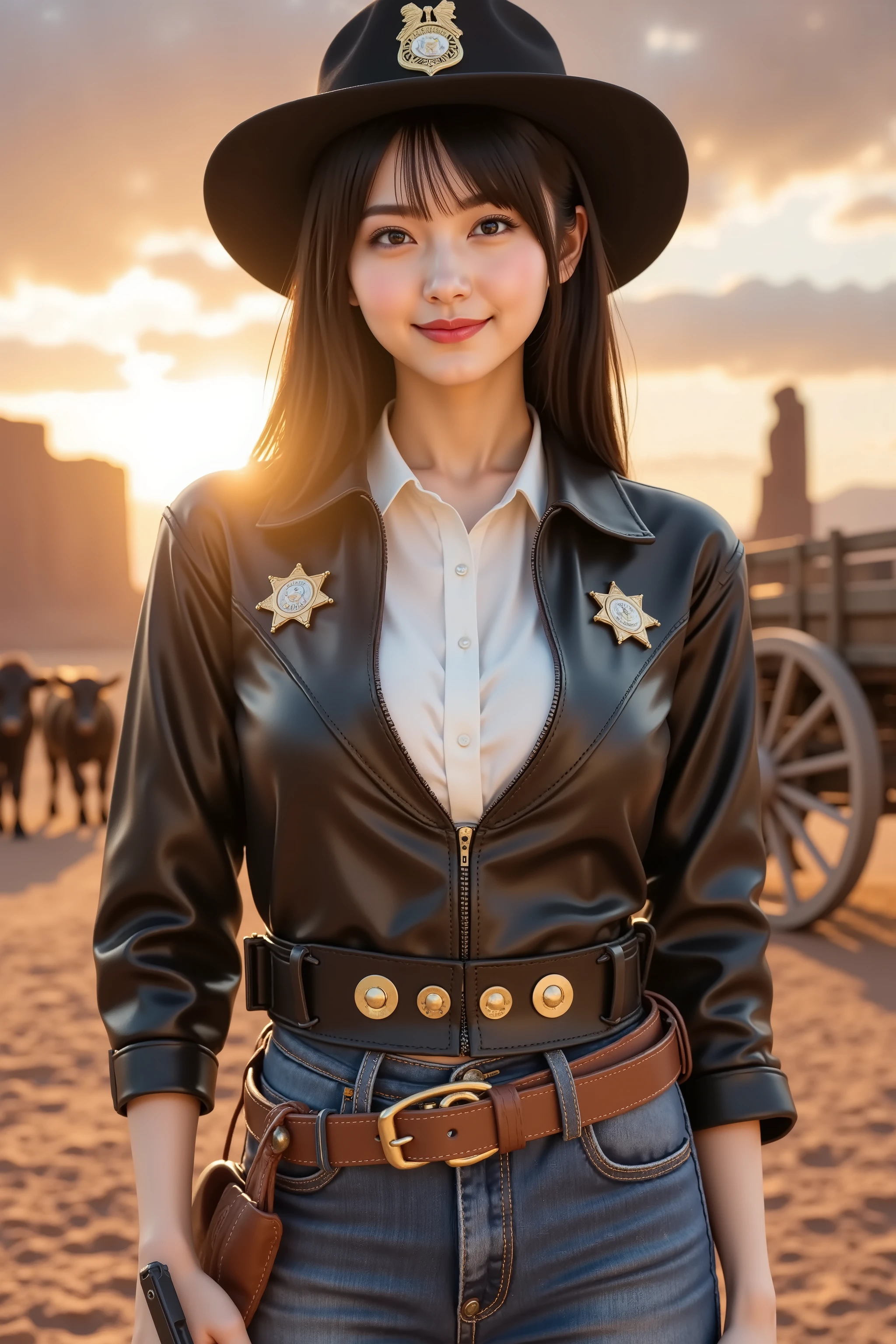 haruka, firm breast, ultra-detailed 8K CG illustration of a western desert scene at sunset featuring a law enforcement uniform with a cowboy influence. The outfit includes a fitted black leather jacket with brass buttons and embroidered police insignias on both sleeves and chest, tailored to follow the contours of the torso while reflecting light across the smooth surface of the material. The jacket is slightly cropped to reveal a toned midriff, and underneath it, a crisp white button-up shirt is visible at the collar. The waist is accented by a thick brown leather belt with a large circular brass buckle, cinching a pair of high-waisted, distressed denim shorts with rolled cuffs. The shorts have visible stitching and texture that replicate authentic worn fabric. One hand holds a sleek black handgun in a firm but calm grip, with relaxed posture suggesting readiness without aggression. The look is completed with a wide-brimmed black sheriff hat featuring a gold badge at the center of the crown, casting a soft shadow over the upper face. The background captures a vast open desert at golden hour, with towering red rock formations reminiscent of Monument Valley under a sky streaked with vivid oranges, pinks, and purples. The horizon is lit by the setting sun, positioned low and glowing brightly between the rocks, casting long dramatic shadows across the dusty ground. A small western town is visible in the mid-distance, with low adobe buildings and wooden fencing. Several cows graze near the town, and a traditional wooden wagon stands nearby, partially in frame with large wheels and a weathered finish. Light hits the scene from the side, highlighting the textures of leather, denim, metal, and wood, while dust in the air is gently illuminated by the sun. The overall style emphasizes realism and texture with a cinematic flair, using strong directional lighting, detailed material rendering, and an atmosphere that captures the harsh but beautiful spirit of the American fronti