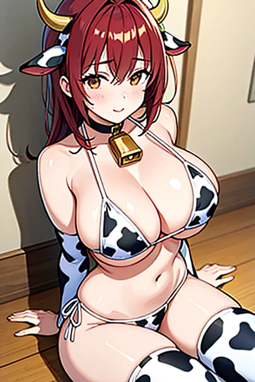 cow girl, redhead, smiling, bunnysuit, bunny ears, smiling, masterpiece,
