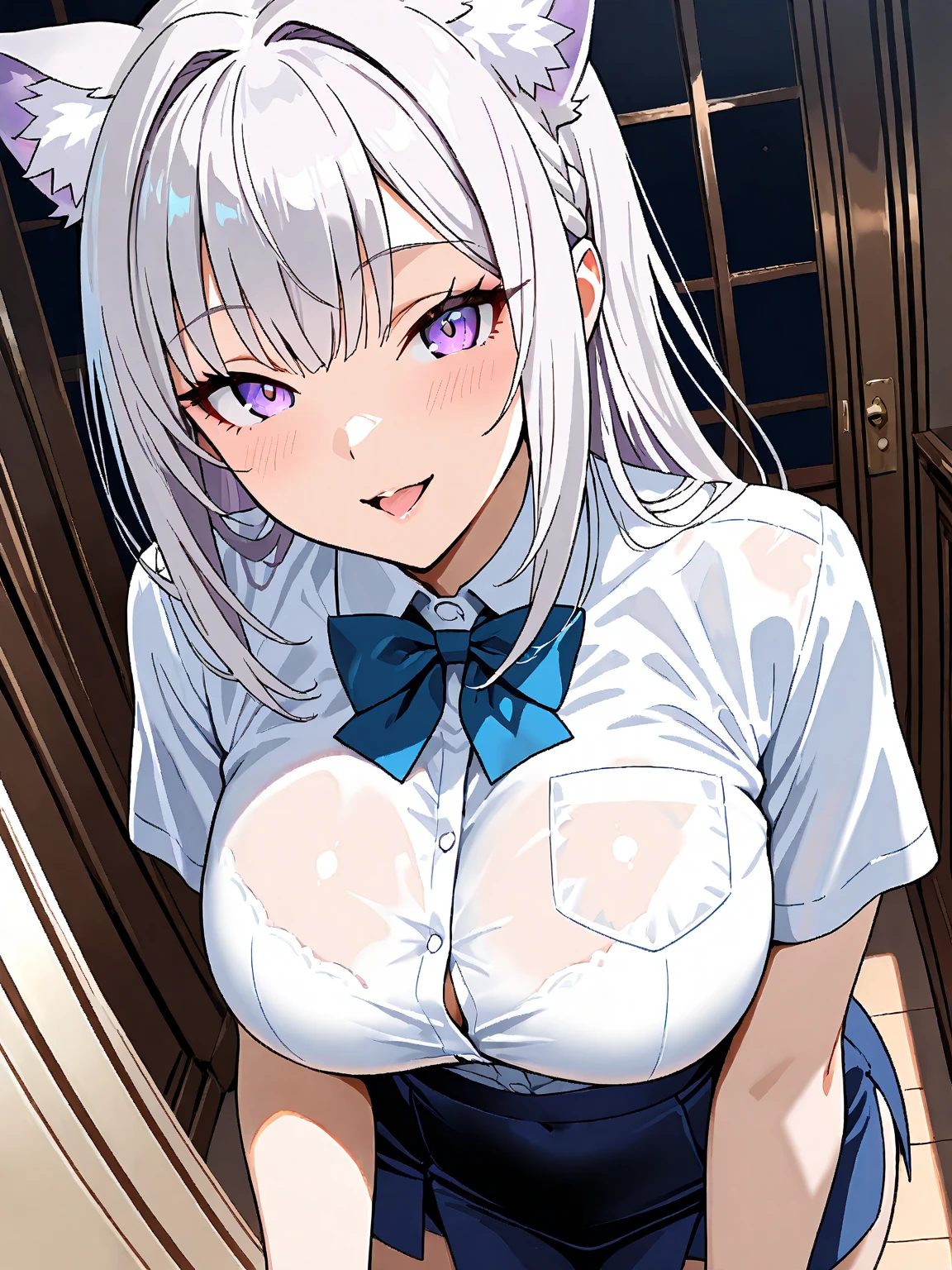 NSFW,masterpiece,Highest quality,High resolution,Super detailed,Shirakami Fubuki\(Hololive\),Gray Hair、One-sided braid、Ahoge、Earrings,Fox ears,Fox tail,nurse,Pink Nurse Uniform,Nurse cap,Stethoscope,Embarrassed,blush,Expecting face,Bewitching Smile,Shy smile,Sexy look,hospital,Hospital room,bed,Cute pose,(Seduce),Cleavage