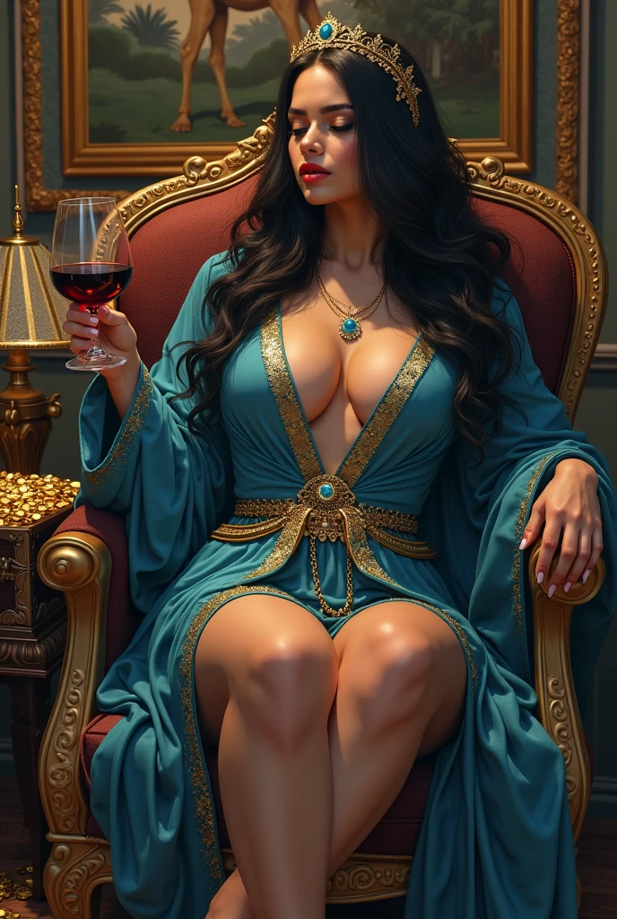 Pharaoh Tia she has white hair and gray hair , She has short hair，Have a pair of big green eyes，Wearing clothes full of jewels, soybeans, Japanese jewelry, Thick and tight，legs crossed，Holding a wine glass，Expression enjoyment, sitting on a very luxurious soybeans throne ，morning on the road, high-end, many details, Sharp mullet focus, actual.