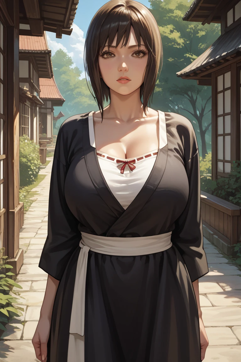 Fine and smooth dark hair，Neat but loose bangs，Beautiful woman puts black python on her body，smooth snake，(Python clings to skin:1.08)，(Python wrapped around hands:0.9)，Upper Body，(Wearing only a loose black off-shoulder kimono:1.0)，Smile，Beautiful lips，Close your eyes，Hollywood special effects，masterpiece，Japanese beauty under soft light effect，(Cleavage:0.9)，HD Wallpapers，Background blur，Japanese wooden house background，There are bamboos and forests in the distance，dark feeling，Gray sky