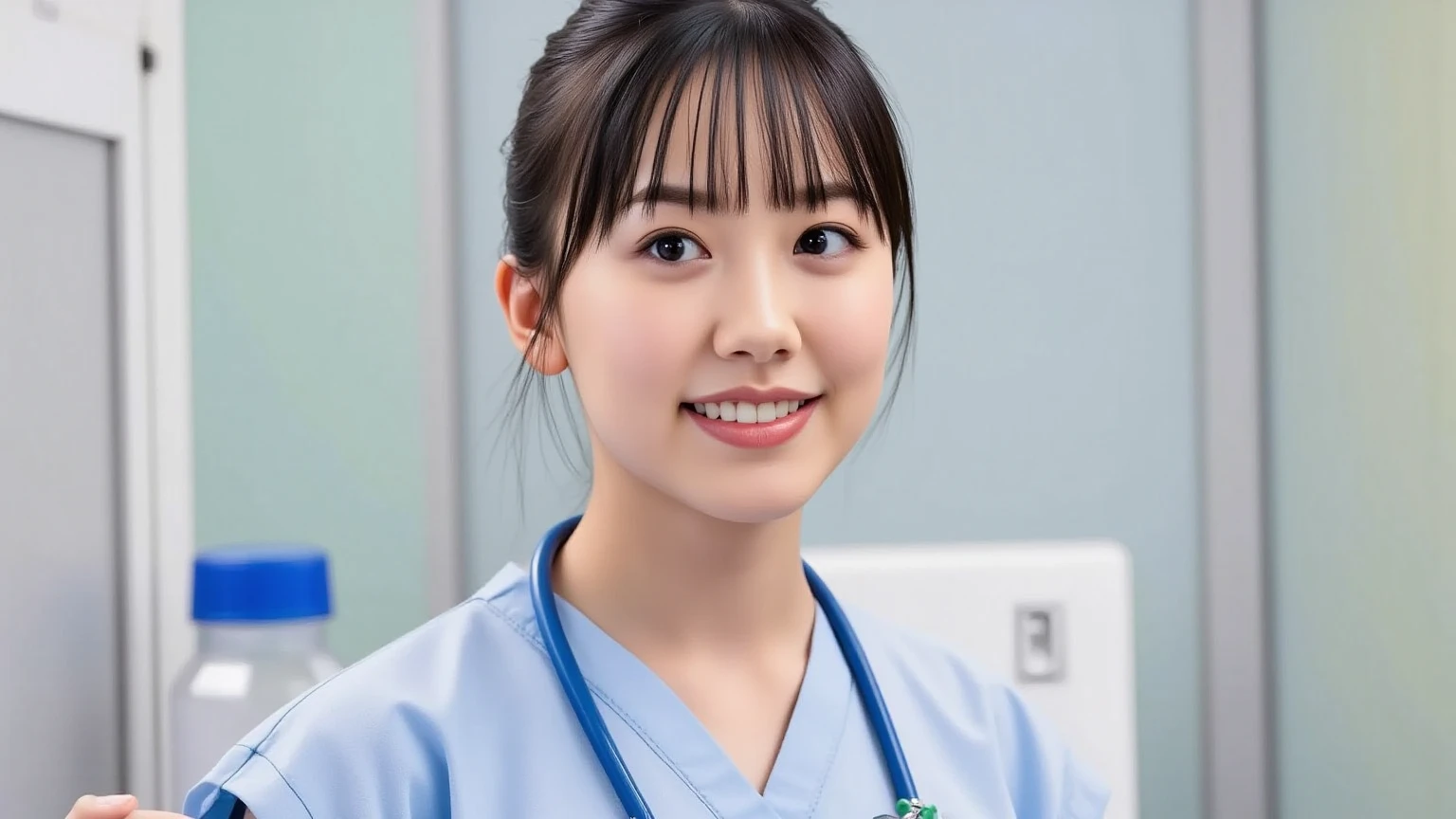 Dental hygienist wearing dark blue medical scrubs with short sleeves Japanese, black hair, early 30s woman Upper body close-up smile Shooting on a white background Harmony々 No accessories included