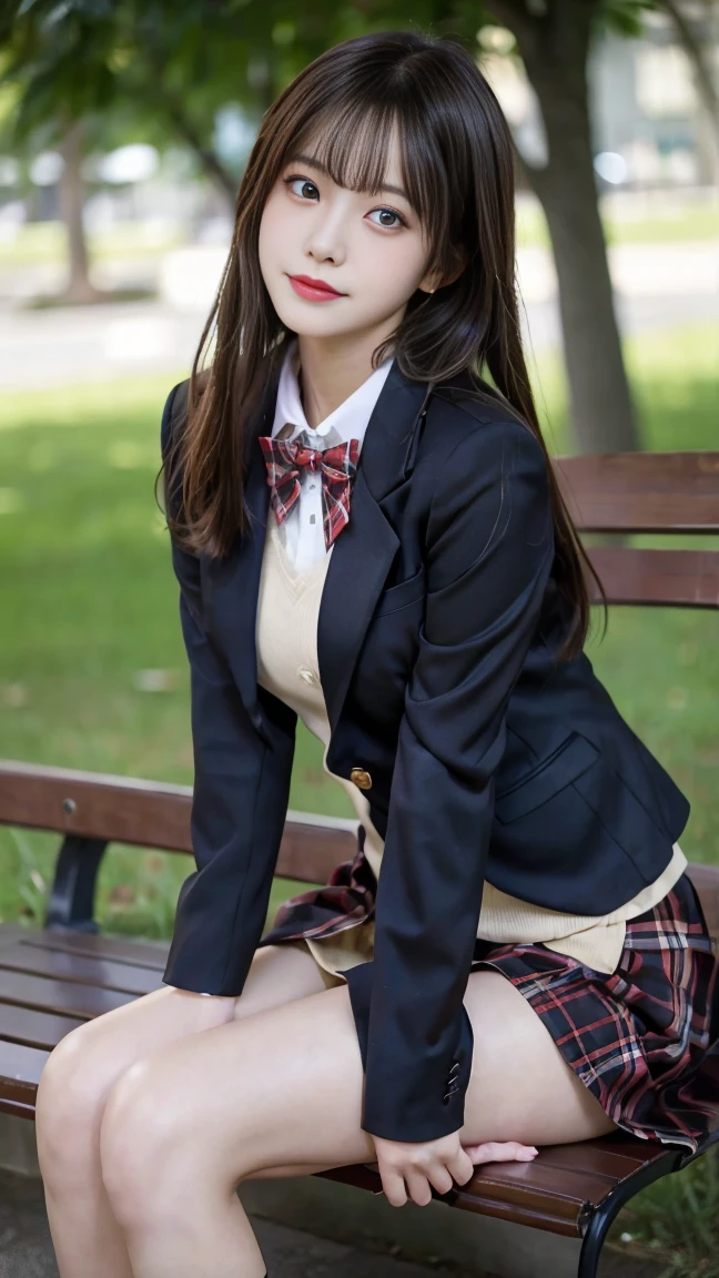8k), (highest quality: 1.2), (Realistic), (Realistic: 1.37), Ultra-high resolution, (1 girl), cute, A shy smile, Mouth closed,Red cheeks with embarrassment, Beautiful details, Beautiful Nose, Black twin tails,Giant Dulcefo, pork, Thighs,Self Snap,University Uniforms,blazer,Pleated skirt,(The skirt is tartan check pattern....:1.3),(Sitting:1), Sitting on the ground in the city at night,(Hold my feet:1),Tights in various colors,From above,Bring your face closer