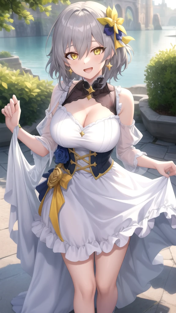 (dynamic angle:1.3, front view:1.1, breast focus:1.3, from below:1.2), (dynamic posing:1.5, sexy posing:1.2, leaning forward), (seductive smiling:1.3),(*K) HD, highest quality, Anime style beutiful woman, 1girl,fullbody, happy, (with sparkling eyes and a contagious smile:1.2), red face, closed mouth, beautiful detailed eyes, super detailed skin, backlighting, bare shoulders, black background, black dress, black gloves, silver hair, breasts, dress, earrings, fingerless gloves, floating hair, floral print, flower, gloves, gold earrings, gold hairband, hair flower, hair ornament, hairband, holding, holding two-hands weapon, jewelry, medium breasts, long hair, looking at viewer, off-shoulder dress, off shoulder,red eyes, short hair with long locks, sidelocks, solo, spikes, thighs, two-sided dress, two-sided fabric, weapon, fighting stance , face, close up, from above, highest quality, high resolution,Real World, Natural light,perfect Natural light,looking at viewer, 