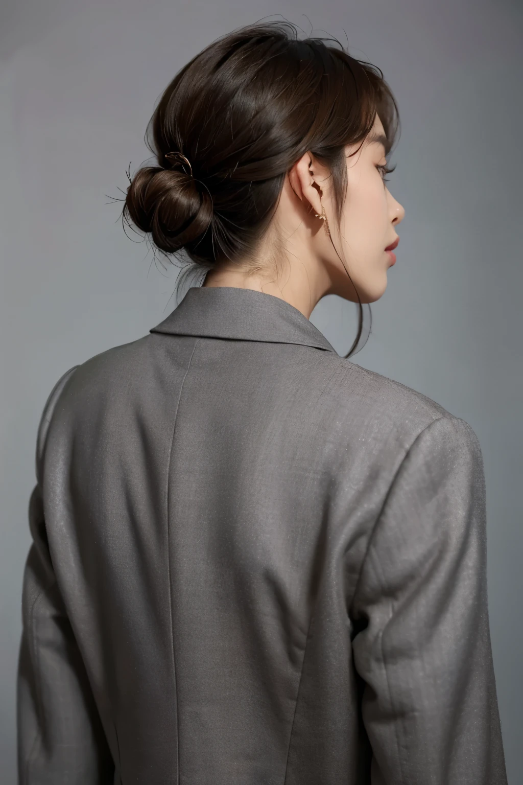 (highest quality, 8k, 32k, masterpiece, Ultra-high resolution:1.2), One girl, Beautiful Japanese Women, ((Plump Ass)), grey business suit,, office lady,, pants,, White wall background, ((Stick your butt out:1.2)), Detailed face, ((ponytail,Updo,short hair)), View your viewers,Bright white light illumination