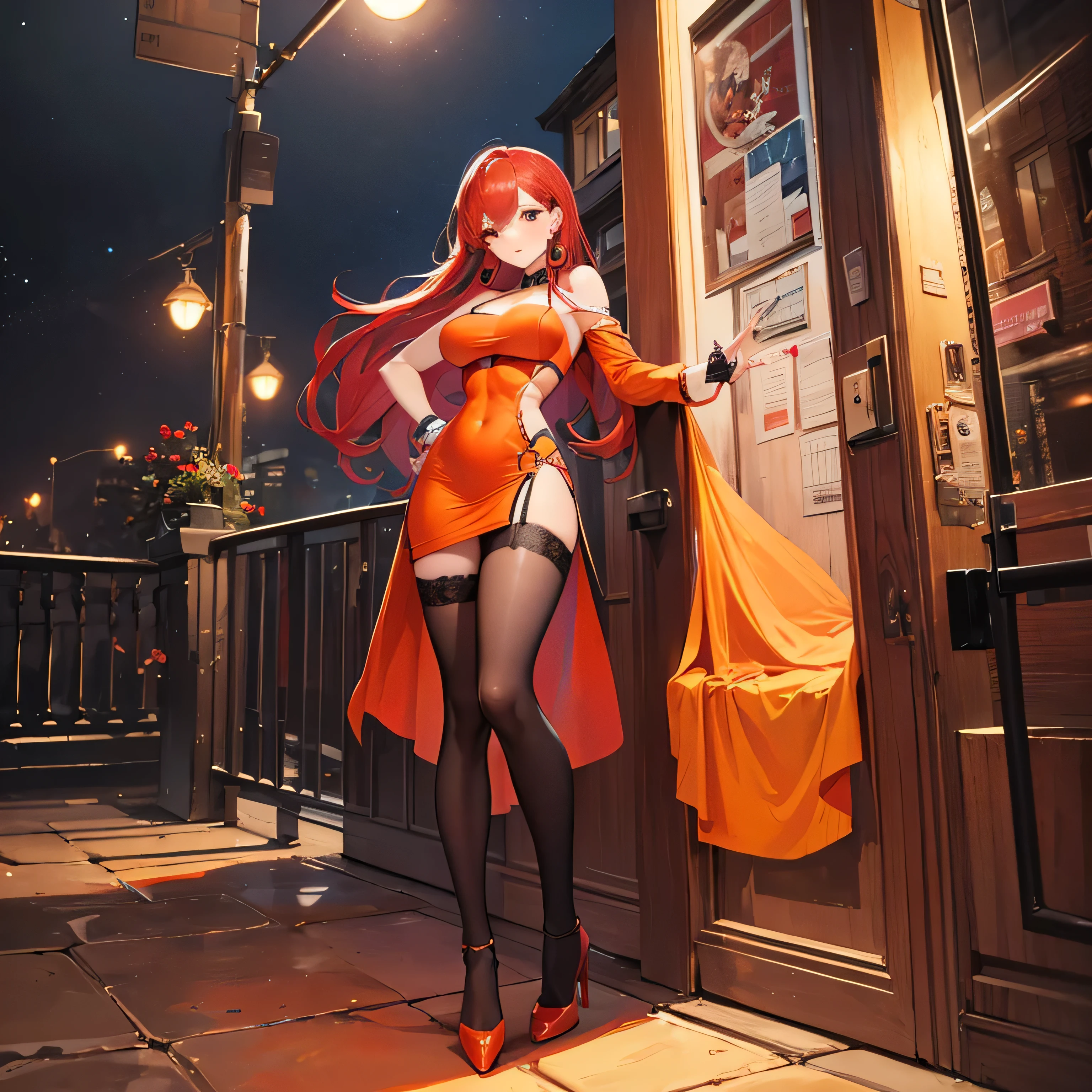 orange dress, green eyes, tight clothes, voluptuous girl, beautiful face, nice legs with high heels, night atmosphere, red hair, black lingerie stockings, long wavy curly hair, walking girl, mature girl, girl with abs and muscular legs.
