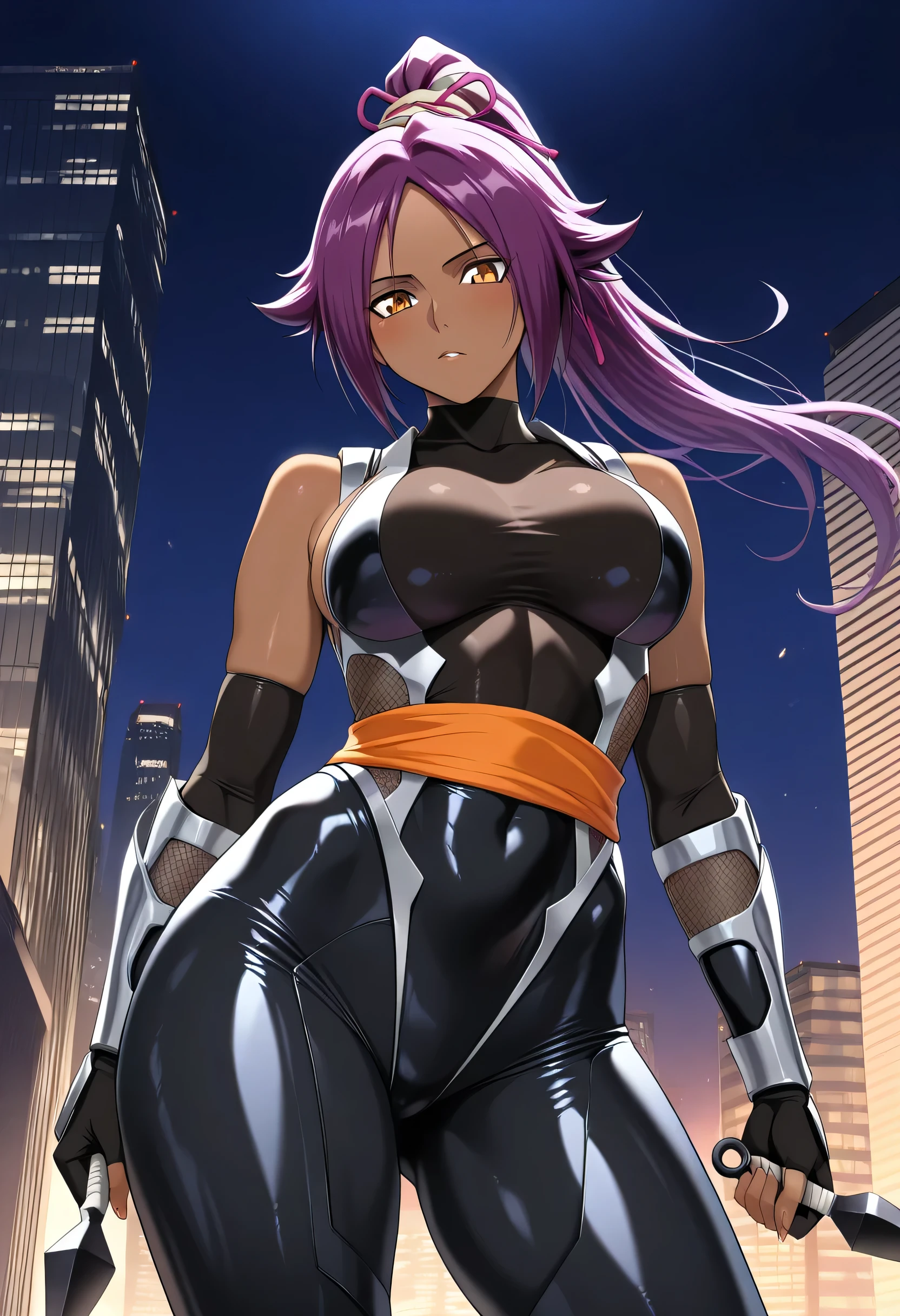 (masterpiece, best quality:1.2), cowboy shot, solo, 1 woman, ninja, female, beautiful, sexy, yoruichi shihoin, long purple hair, dark skin, 30 y.o, MILF, sleek outfit, taimanin inspired outfit, darkness, wielding kunai, standing on top of a skyscraper, best quality, high resolution, 8k, dynamic lighting, rough texture, shadowing, absurdres, high res, ultrasharp, 8k, masterpiece