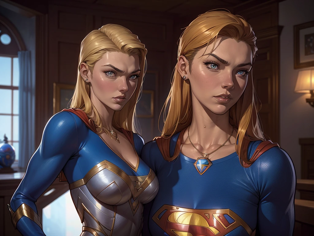 Ana Maria Markovic, long wavy blonde hair, closplayed as supergirl lookalike with chest elblem, half naked.