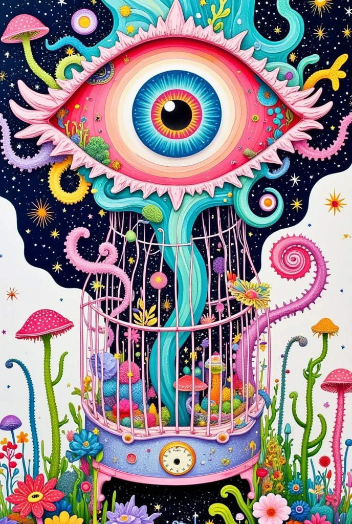 birdcage,plant,Tentacles,Eye、Starry Sky,Abstract mosaic painting,Describing the inner world of autistic people,Sense of space,White space,interesting,Innocence,Psychedelic Art,Pink Theme