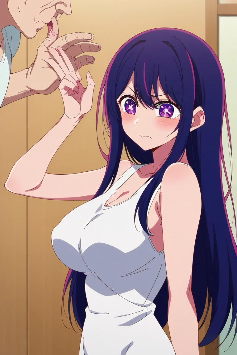 Anime girl with long hair and purple eyes, a picture inspired by Puru, Tumbler, conceptual art, Anime Best Girl, anime moe art style, Anime visuals of cute girls, iwakura lain, anime still image, solo, 1girl,direct eye contact,soft lighting, solo, aihoshno, purple hair, purple eyes, long hair, (star-shaped pupils), bedroom, breasts together, loose shirt, , cleavage, arms togther, squeezing breasts together, hands on breasts, detailed backround, cutains, bed, lamp, orange light, smirk,