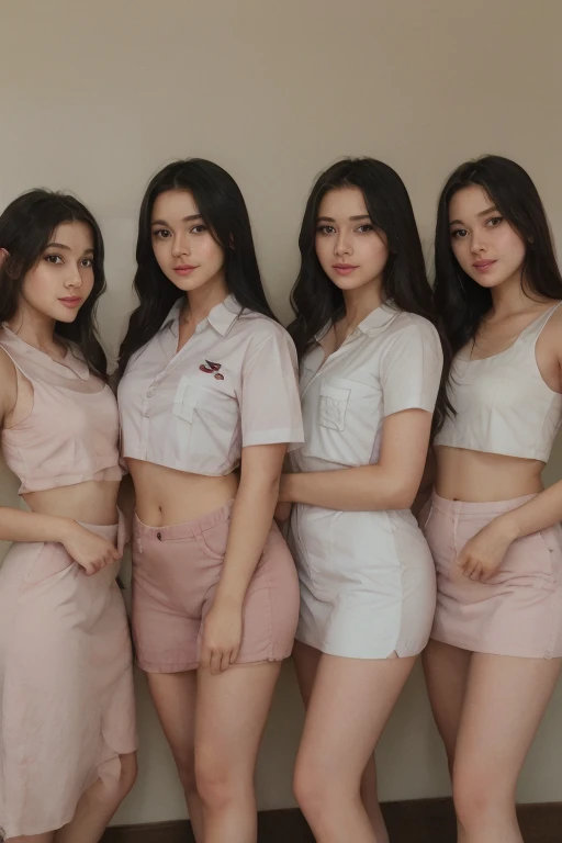 A close-up photo of three girls, Hair tied up, Bangs down, (Double eyelids), (All looking at the viewer), In the office, (All smiling), Highest Resolution, masterpiece, (All wearing white loose t-shirts), ((All lifting up skirt, and showing panties))
