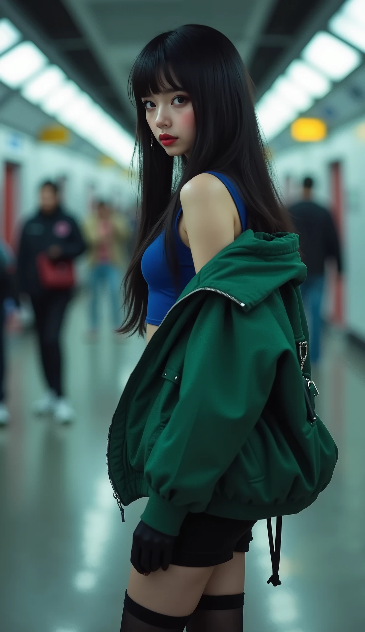 ((RAW Photo), Absurds, (Absurd Resolution)), (Masterpiece, Best Quality), ((Hyperrealism, Photorealistic)), (AI Fantasy), (masterpiece, highest quality, amazing quality), (realistic pupil, mahogany eyes), (beautiful girl, 18 years old, haiz_ai, cknc style), (she is very beautiful), (made up, mascara), (long straight hair, shiny black), ((wears: blue shorts, black gloves, long stockings, black thigh-highs), (white platform sneakers), ((holding with left hand a green long-sleeved zippered jacket with straps overloaded on the shoulder)), (walking, profile shot, looking at the viewer), (background: long METRO tunnel, empty public transport). (Photographic Perspective). «SunPuma S»