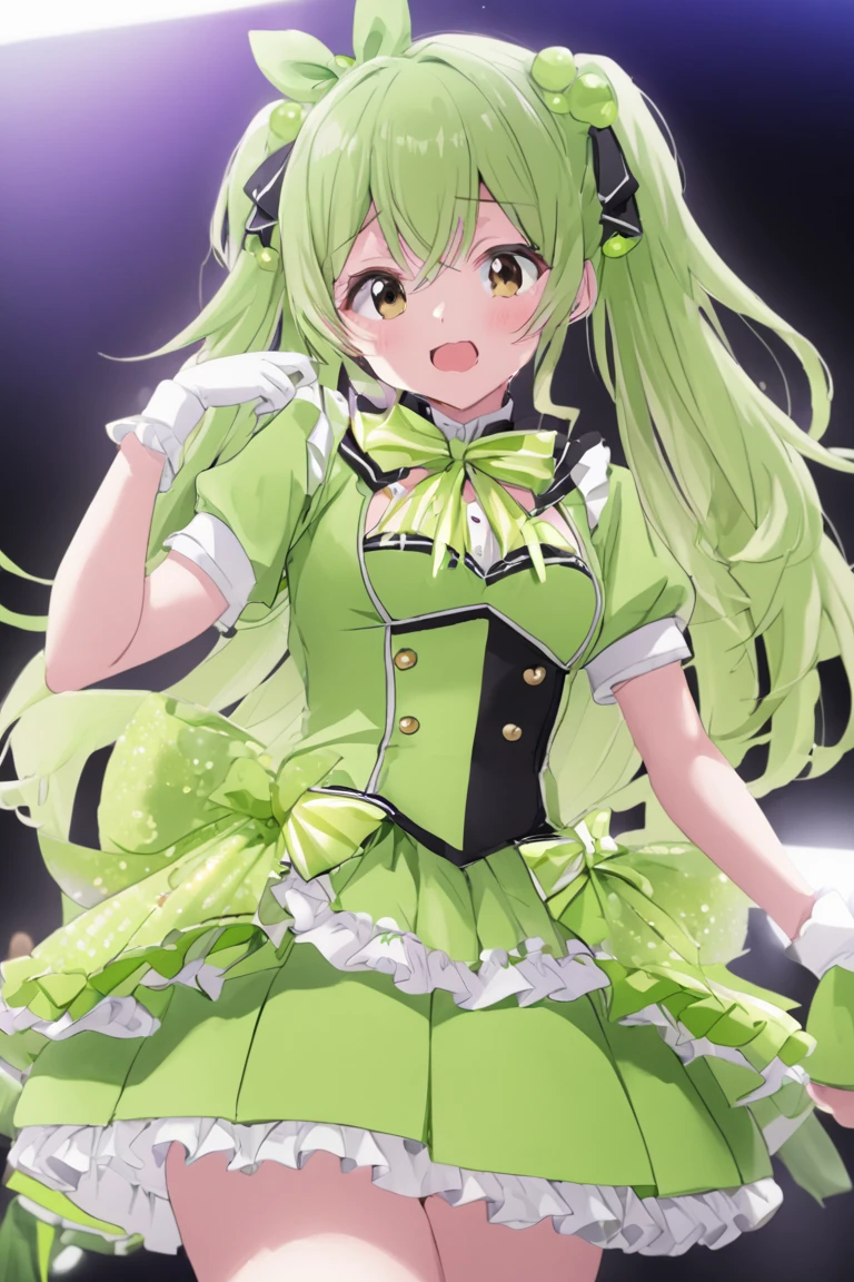 KOKONOESHINOBU, GREEN HAIR,  LONG HAIR, YELLOW EYES,, large breasts, live stage, solo,
