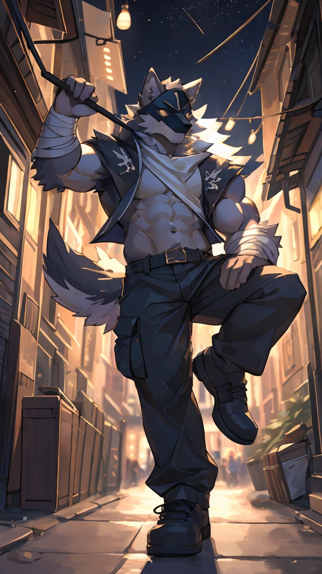 (furry_art), E621, adult content, mature, low-key light, by littleblackalas, NSFW, extremely_detailed, close up, drawing of puro (changed), (extremely detailed:1puro, mask, puro_(changed), adult), (dynamic posture: 1.5) anthro_wolf, arm bandages, black long cargo pants, large_bulge, bandages, tiny_head, bara, broad_shoulders, large_body, tail, very long legs, long arms, very tall, musculine_body, grey tanktop, (flexing position: 1.3), low camera angle, front_view_pov, open_legs, close_up_shot, warm_lighting, light_flare, volumetric_light, alleyway, street lights, Male focus, yofukashi background., Best quality, masterpiece, midsummer, expressive, (bokeh:1.3), depth of field.