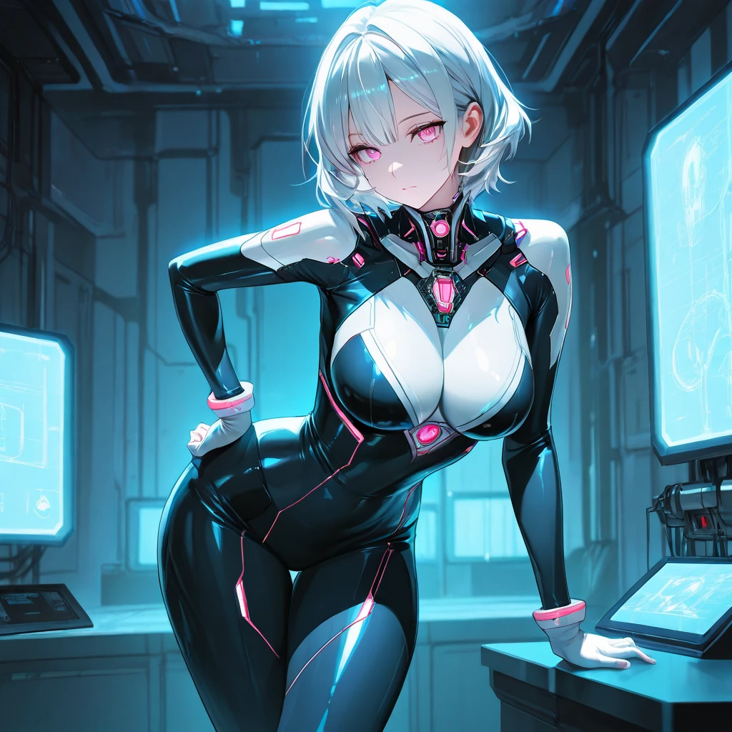 Woman 30 years (Dua Lipa pov), dancing, short white hair, sidecut hair, tight sexy white swinsuit, low-cut, cibernetic accessories, black tight shorts, unbuttoned cyberpunk white jacket, no bra, no buttons, beautiful face, super detail eyes, perfect eyes, medium breasts, wet and soft, close, sensual pose, fiery and lascivious wanting more, view from above, nice thighs, blue eyes, purple lipstick, wet skin, wet hair, rain, neon lights, cyberpunk, intense storm nighttime scenarium
