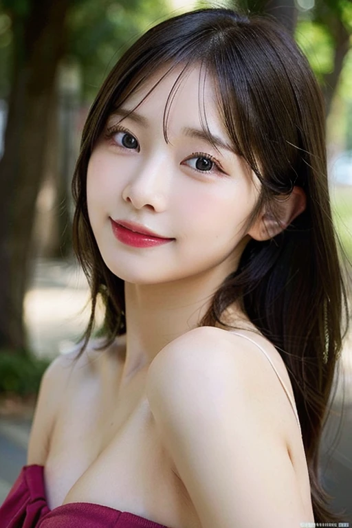 Realistic, High resolution, 1 female, Glowing Skin, alone, Wide lips,Cleavage,Color Contact Lenses,Weight 40kg,round face,Casual Coordination,clothes,Full Body Shot,Realistic skin texture,Genuine,Detailed face,Mr.々A pose,Female college student,Young face,Idol body type,White skin,陶器のようなWhite skin,雪のようにWhite skin,Wavy Hair,18-year-old,Outdoor,What a lovely smile,clothes
