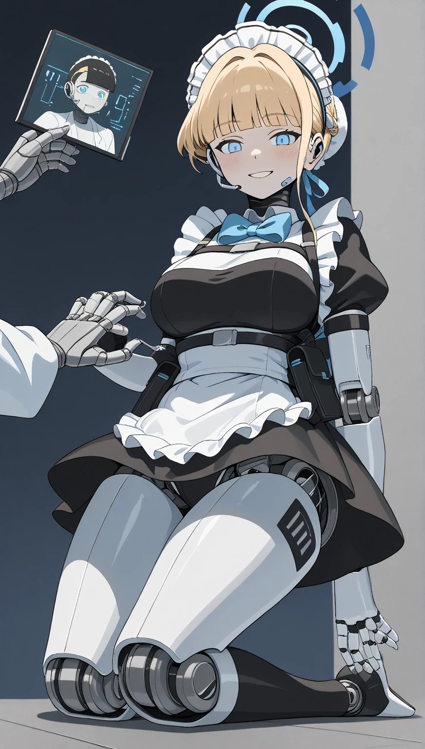 (((1 female:1.8)))、(((full body description)))、(((Standing depiction)))、(((9th class)))、Beautiful woman in moe pose in futuristic white shiny heavy armored robot suit、perfect android girl, gynoid cyborg body, perfect anime cyborg woman, beautiful female android!, female robot, fully robotized!! girl, Cute cyborg girl, cyber suit, メカサイバーアーマーを着たgirl, cyber suit, beutiful white girl cyborg, beautiful female android, Beautiful girl cyborg、Cute robot woman with white silver short bob hair、Gravure Model Android Beautiful Girl、(bright smile:1.3)、(((Headphones with long sensor antennas in both ears)))、(robot girl)、(((美しいgirlアンドロイド)))、(((重装甲メイド服を着たgirl)))、(((White heavy armored robot girl in maid clothes)))、(((White heavy armored robot beautiful girl in miniskirt and maid clothes)))、(((Beautiful girl in white heavy armored maid robot)))、(((Cyborg Maid Beautiful Girl)))、(((Robot beautiful girl wearing white shiny heavy armored maid clothes)))、(((waitress))),Proper body proportions,table top,Ultra high quality output image,High resolution,intricate details,very delicate and beautiful hair,(Photoreal:1.3)realistic pictures,dream-like,professional lighting,realistic shadow,focus only,well-groomed face，Big eyes,beautiful hands,beautiful fingers,Detailed functions of fingers,Detailed features of the garment,Detailed characteristics of hair,detailed facial features,