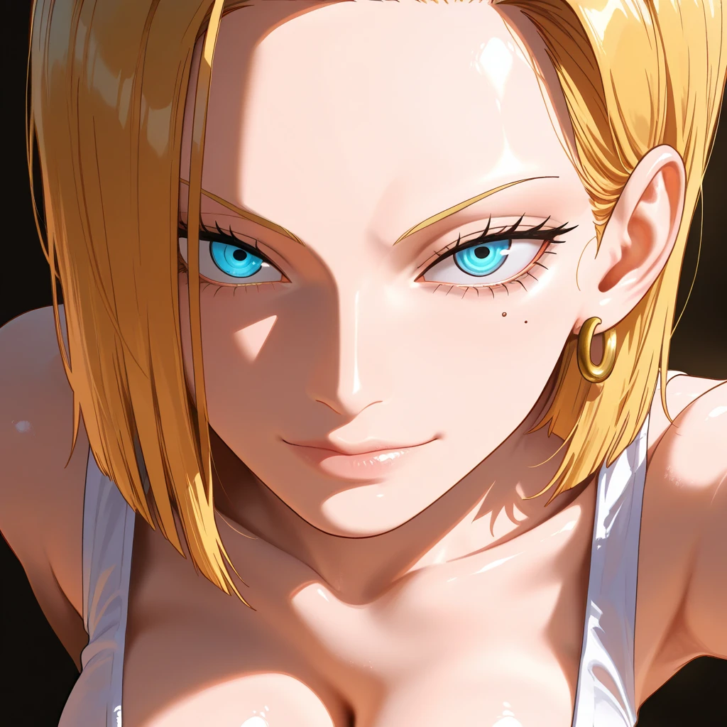 score_9, score_7_up 1girl, 3d, solo, bakugou mitsuki, mature female, cleavage, large breasts, portrait, lips, gradient background, white tank top, purple cardigan