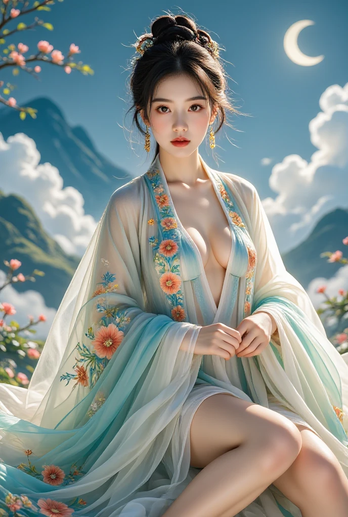 ( masterpiece, Top Quality, best quality, Official Art, beauty:1.2),（The Most detailed and clear facial features：2.0，Facial Contour：1.0） (1 Chinese Goddess:1.5), very detailed,( Dunhuang 艺术:1.1),( Dunhuang ，Colorful:1.1)(Flowers:1.3),Most detailed,(Zentangle:1.2), ( dynamic pose，Showing thighs:2.0), ( blue sky white clouds moon background :1.3), (Chinese embroidered Hanfu:1.2), (Spread Your Legs， creates glowing skin ，骆驼趾耻骨：1.2), ( many colors :1.4), ,(earrings:1.4),