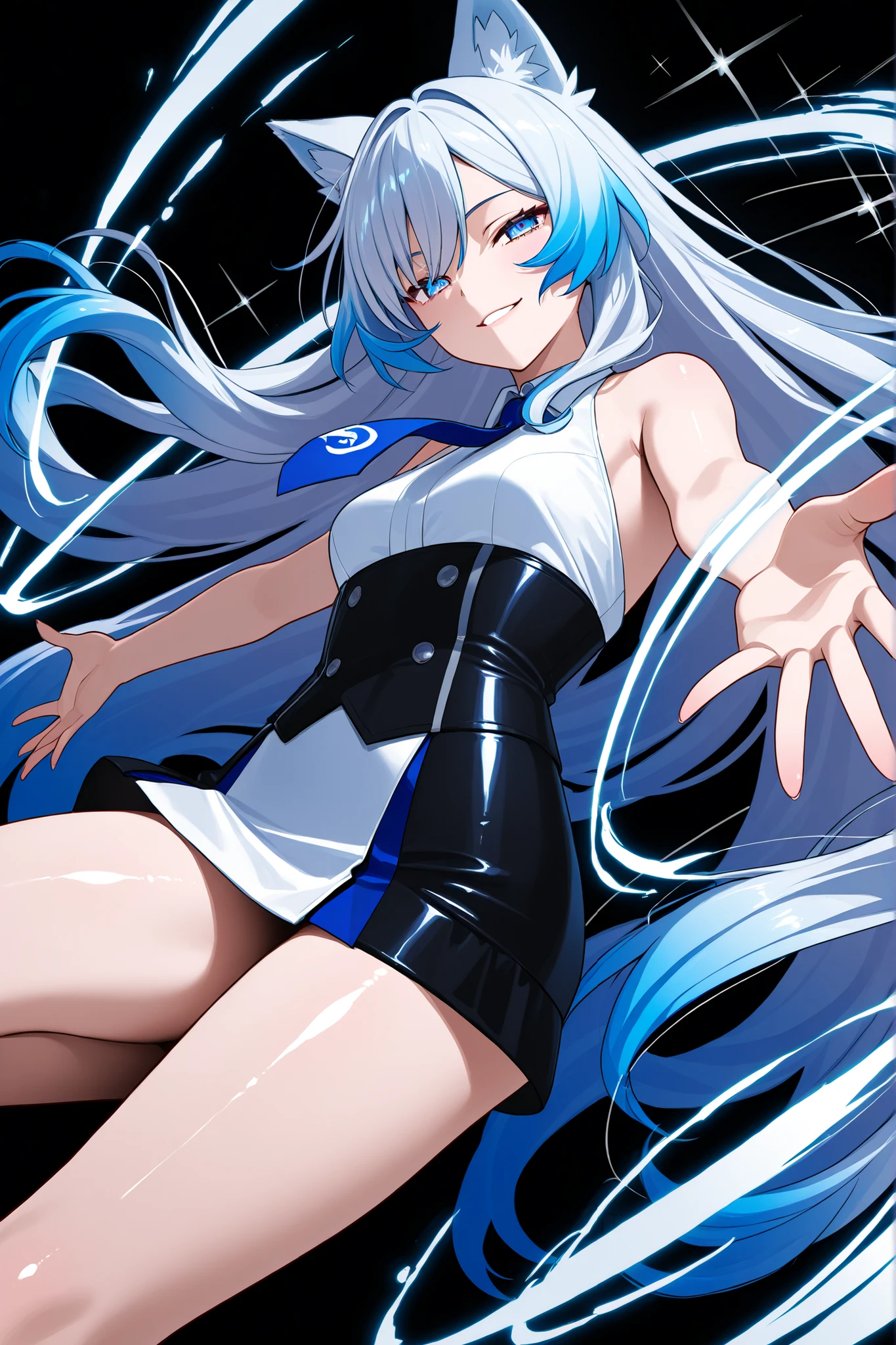 woman、long wave hair、silver color hair、Mini skirt、bare shoulders、shiny skin
、transparent_background、boyish、seductive smile、A Dutch angle、slender、wolf ears、tie、sleek hai、with blue highlights in the eyes、performing a spinning jump with both arms outstretched