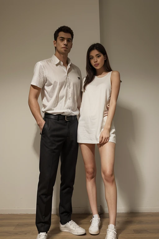 Night，A boy and a girl standing together，In the Shower，Long-range shooting，(Original Photography:1.3)，athlete，1 Girl, Perfect body, Beautiful face，Very detailed details of the face，Messy black hair, Smart eyes，Sweating，Cleavage，Track and field wear, sports Shorts，Long legs，sports shoes，Soaked，Standing，Lift up your skirt
