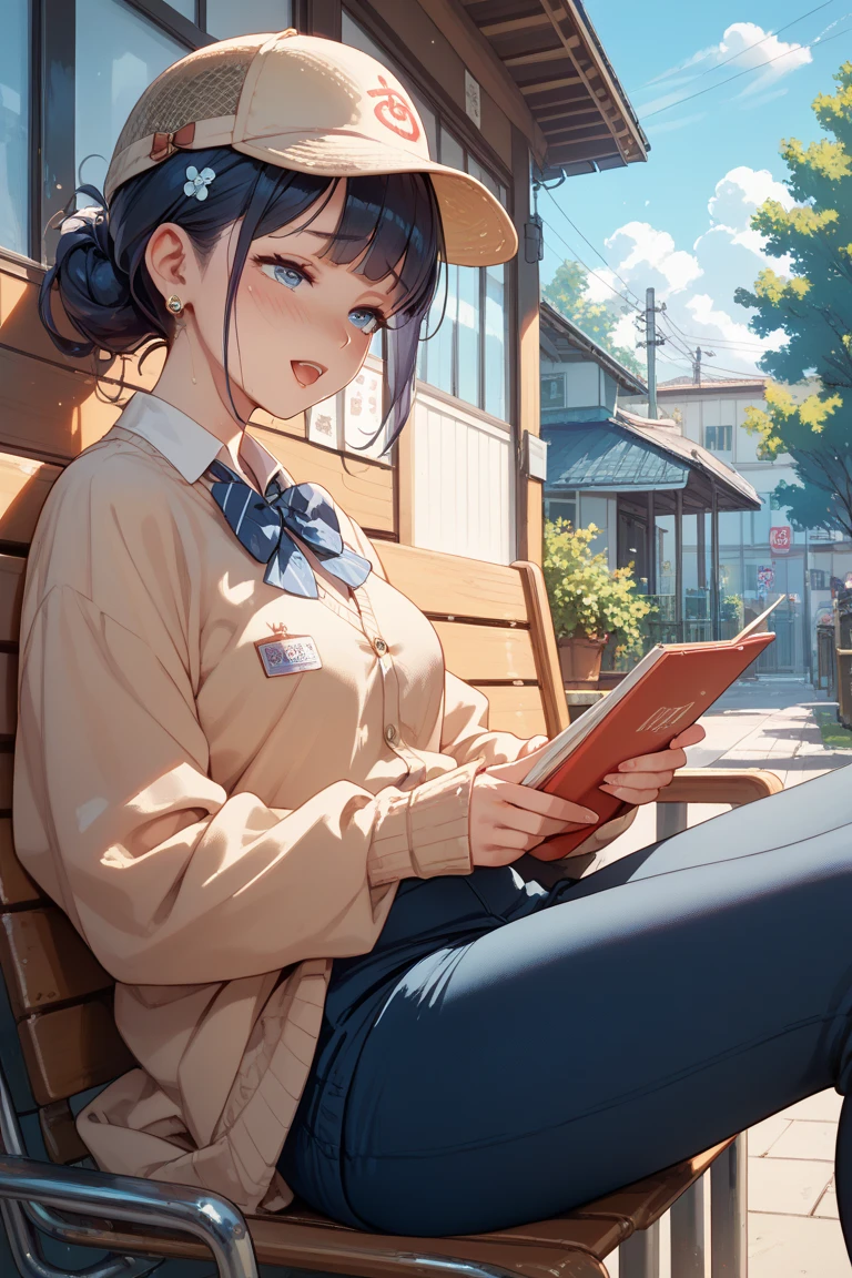 The brunette girl was alone in Tokyo,Reading a book,mini skirt,Attractive legs