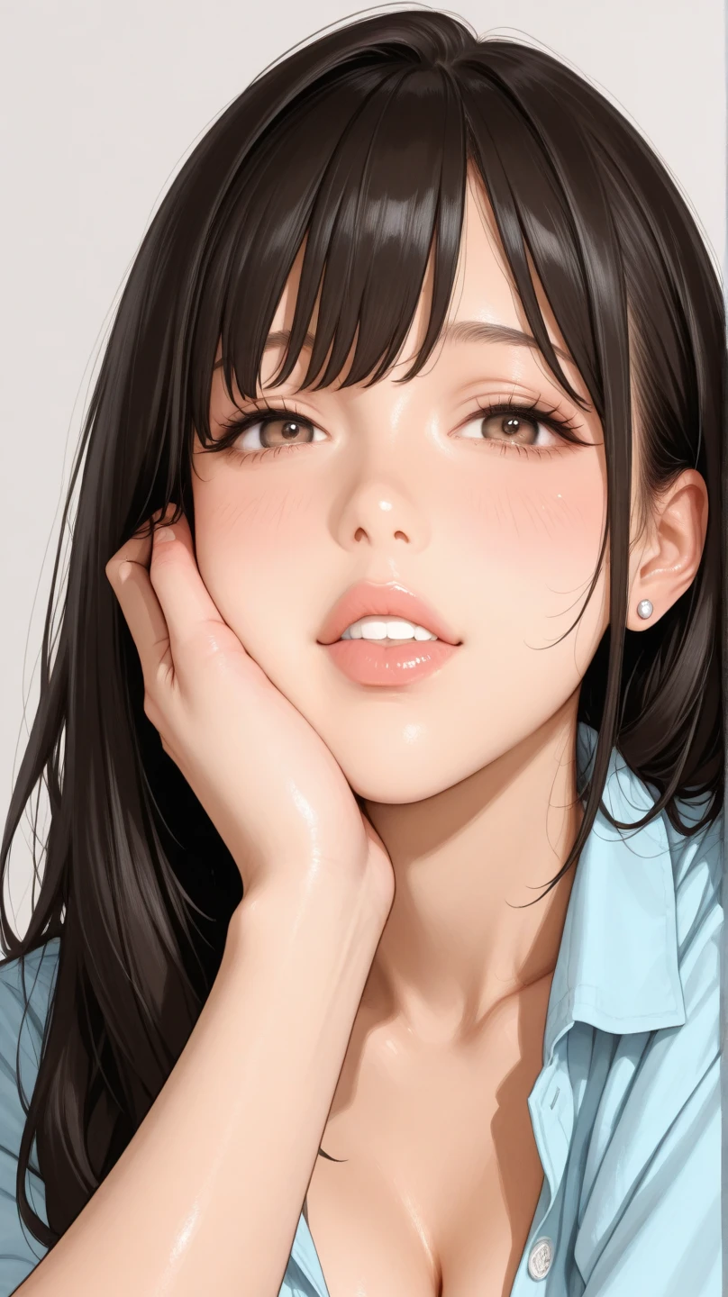 Bob Hair、Realistically、(())、(((Licking fingers)))Wearing a pink floral turtleneck sleeveless T-shirt,Face Enhancement,Emphasize small cleavage,Looking up from below,Blushing,Red lips,sexy,Own,Please open your mouth wide、Place your arms behind your head、Wear underwear