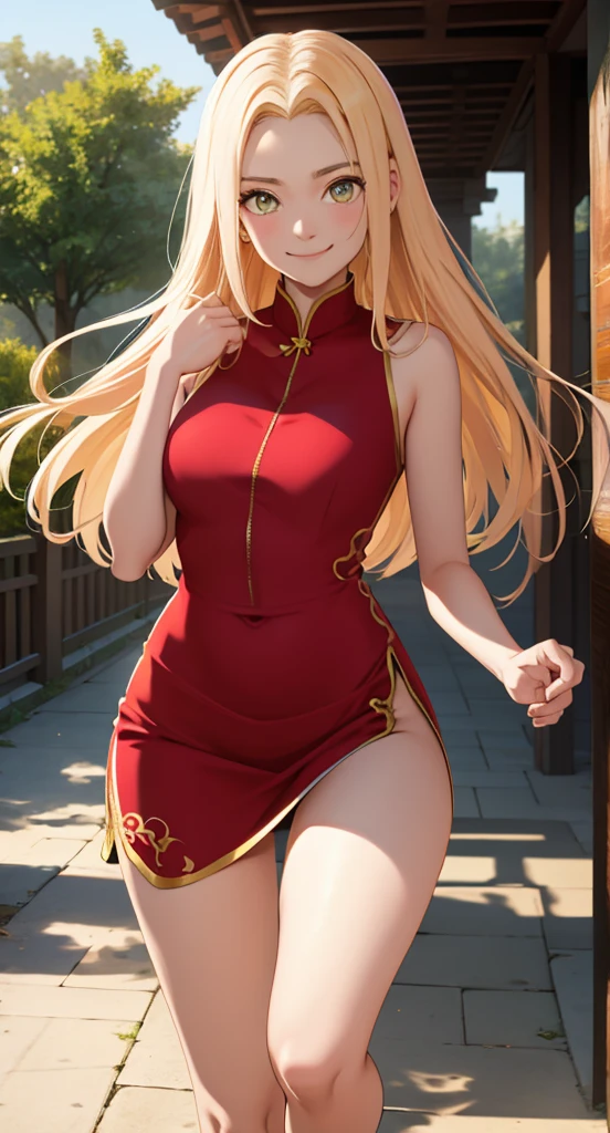 #Basics A girl is posing for a photo, animeのかわいい女の子, (((One Girl, Baby Face, Young girl, ))),
BREAK
#Clothing Accessories
(China dress : Sleeveless high neck + 赤地に金の龍の刺繍が施されたロングChina dress + Long skirt with side slits + Tight fit at the waist with a black belt + Black knee-high stockings + Black open finger gloves + Black High Heels),
small red earrings,
BREAK
#Features
((Blonde)), Curly hair, (Double bun hairstyle + Red string ribbon),
(Droopy eyes, blue eyes), (Small breasts),
BREAK
#background environment
(noon、(Stone path lit by sunlight, garden, There is a big tree behind)),
#Facial Expression Pose
((Wicked Smile), (A powerful standing pose with arms naturally hanging down at the sides, Back view + turn around)),
#composition
((Face the camera, Cowboy Shot)),
BREAK
#Body parts elements
(Detailed hair, Beautiful Hair, Shiny Hair),
(double eyelid, Long eyelashes),
(Expression of fine eyes, Beautiful and delicate eyes, Sparkling eyes, Eye Reflexes, Glitter Eyeliner),
(Human Ear),
(Beautiful Nose, Thin Nose),
(Glossy lips, Beautiful Lips, Thick lips, Glossy Lips, Natural Cheeks),
(Detailed face, Symmetrical facial features),
(Detailed skin, Textured skin, Beautiful Skin, Shiny skin),
BREAK
#Quality
(((Highest quality)), ((masterpiece)), ((Very detailed))), ((High resolution), (16K,1080P)),
(Realistic), (Anatomically correct),
((comics, anime)), (3DCG), CG illustration,