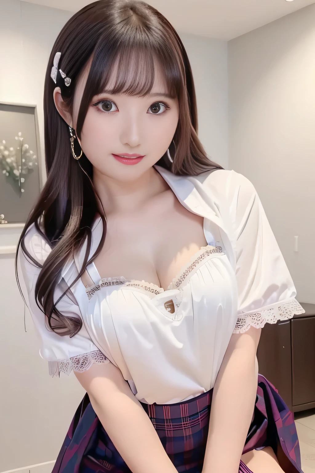 ((masterpiece(:1.4),top quality, super high definition ,top quality,8k,非常にdetailsな,details))。Japanese,(beautiful woman in silya room),high school girls having sperm sex,gal, slim,big breasts(1.exy,glamorous,((golden ratio style,perfect style)),thin waist,school uniform,Lightweight white short-sleeved blouse,Tartan Check Mini Skirt,magenta pink garter belt, pumps,派手なgalメイク,earrings,necklace,Nail,Beautiful position,before, exudes a sexy appeal,look at the camera,Show off your style,