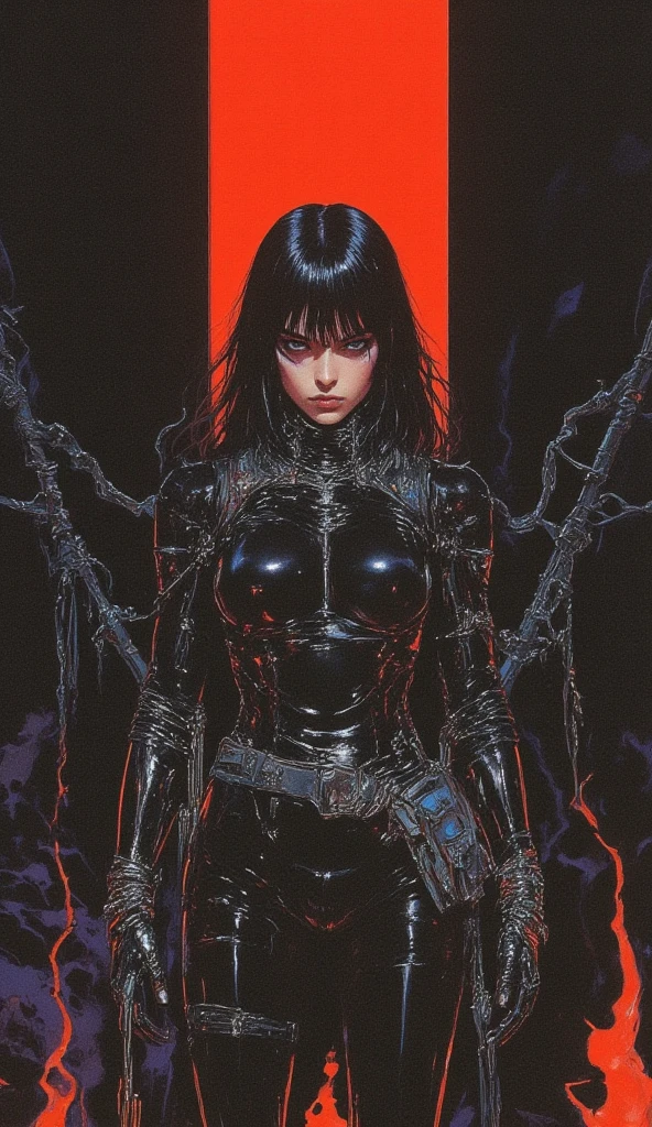 1 girl, pale skin, long black hair , brown eyes, full red lips, big breasts, leather jacket, tight leather jeans, tight black t-shirt., centralized portrait, Seb Mckinnon, H.R. Giger, Eldritch, Karol Bak, Mixed Media, Hyperrealism, Photorealism,[octane render]
