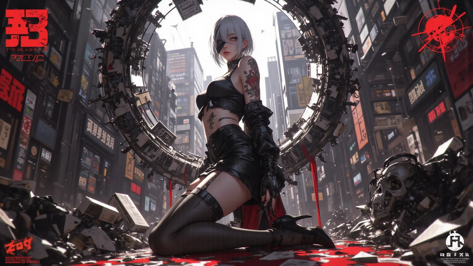 ((((masterpiece))), ((best quality))), ((ultra-detailed)), (CG illustration), ((an extremely delicate and beautiful)),(from side),cinematic light, ((1 mechanical girl)), single, full-body, (machine-made joint: 1.2), ( (mechanical limbs)), (blood vessels connected to tubes), (mechanical spine connected to back), ((mechanical cervical vertebrae attached to neck)), (sitting), forced laughter, (wires and cables around the neck: 1.2), (wires and cables on the head: 1.2) (character focus), sci-fi, extremely thin, colored, the finest white hair, red eyes, in battle, (knotted), (killing), (1 immortal)