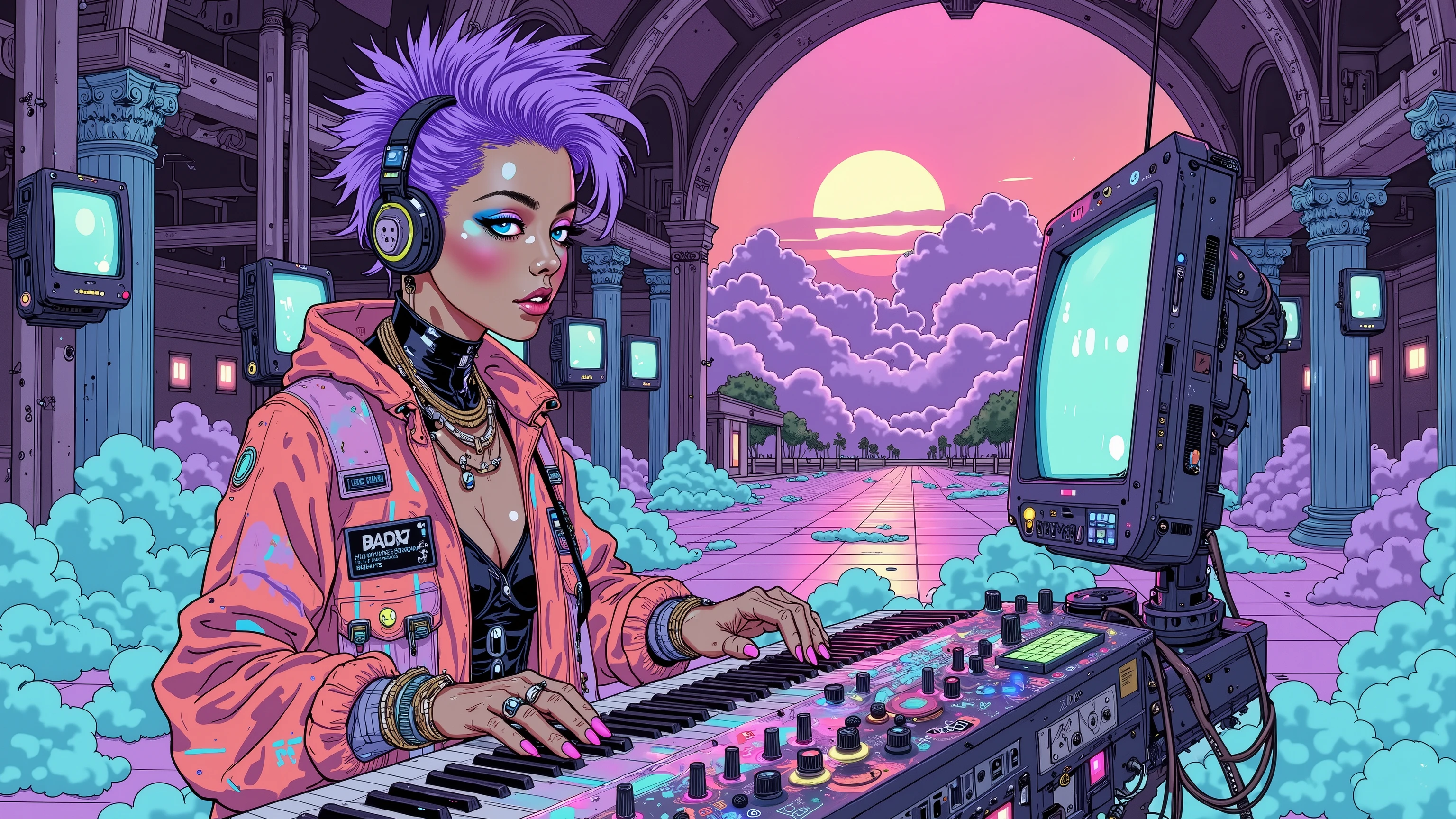 A high-resolution digital painting of a **cyberpunk DJ with a bold purple mohawk and radiant charisma**, performing live on a **vaporwave underground music stage**, her hands dancing over a **retro-futuristic synthesizer keyboard**. She wears a **vaporwave-inspired outfit**, its design **iridescent and sculptural, with translucent pastel layers and shimmering chrome accents** that flow with her every move, merging nostalgic futurism with rebellious style. Her **purple mohawk hairstyle**, sharp and vivid against the ambient lights, frames her **striking features, angular cheekbones, and cool cyan eyes** that shimmer under soft glitch effects.
She plays the **synthesizer keyboard** with electrifying finesse, the instrument’s surface glowing with **pixelated waveform animations and neon sliders** that respond to her touch. Each note releases **vapor-like trails of colored light**, pulsing gently in rhythm with the deep ambient bass. Her **movements are fluid yet precise**, combining the elegance of a performer with the edge of a digital renegade.
The **background is a surreal vaporwave concert chamber**, set within a forgotten metro tunnel bathed in **pink and turquoise lighting**. Giant **retro CRT monitors** float around her, looping fragments of 90s anime, glitch art, and spinning Greek busts. The floor pulses with a **pastel grid glow**, and **shimmering mist drifts across the stage**, reacting to the sound in flowing waves.
In the far distance, a **floating pixelated sun** hovers just above the horizon line of the digital skyline, casting a **dreamlike purple haze** over everything. Neon columns pulse to the beat, while **artificial clouds roll in slow motion**, mirroring lo-fi waveforms. The entire scene evokes a **nostalgic rebellion against time and memory**, where retro fantasy collides with synthetic dreams.
The **contrast between the gritty cyberpunk DJ energy and the soft, dreamy vaporwave palette** creates a surreal harmony between **intensity and sere